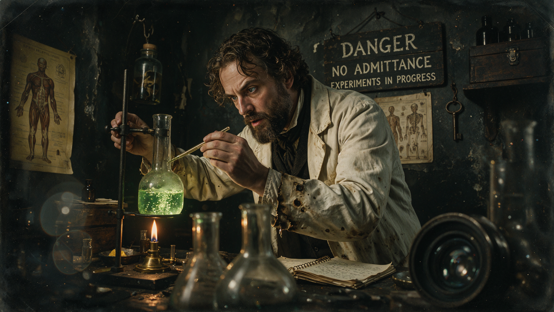 4K Ultra HD PC wallpaper of a mad scientist in a shadowy laboratory mixing a glowing green experiment amid glassware, beneath a Danger: No Admittance — Experiments in Progress sign.
