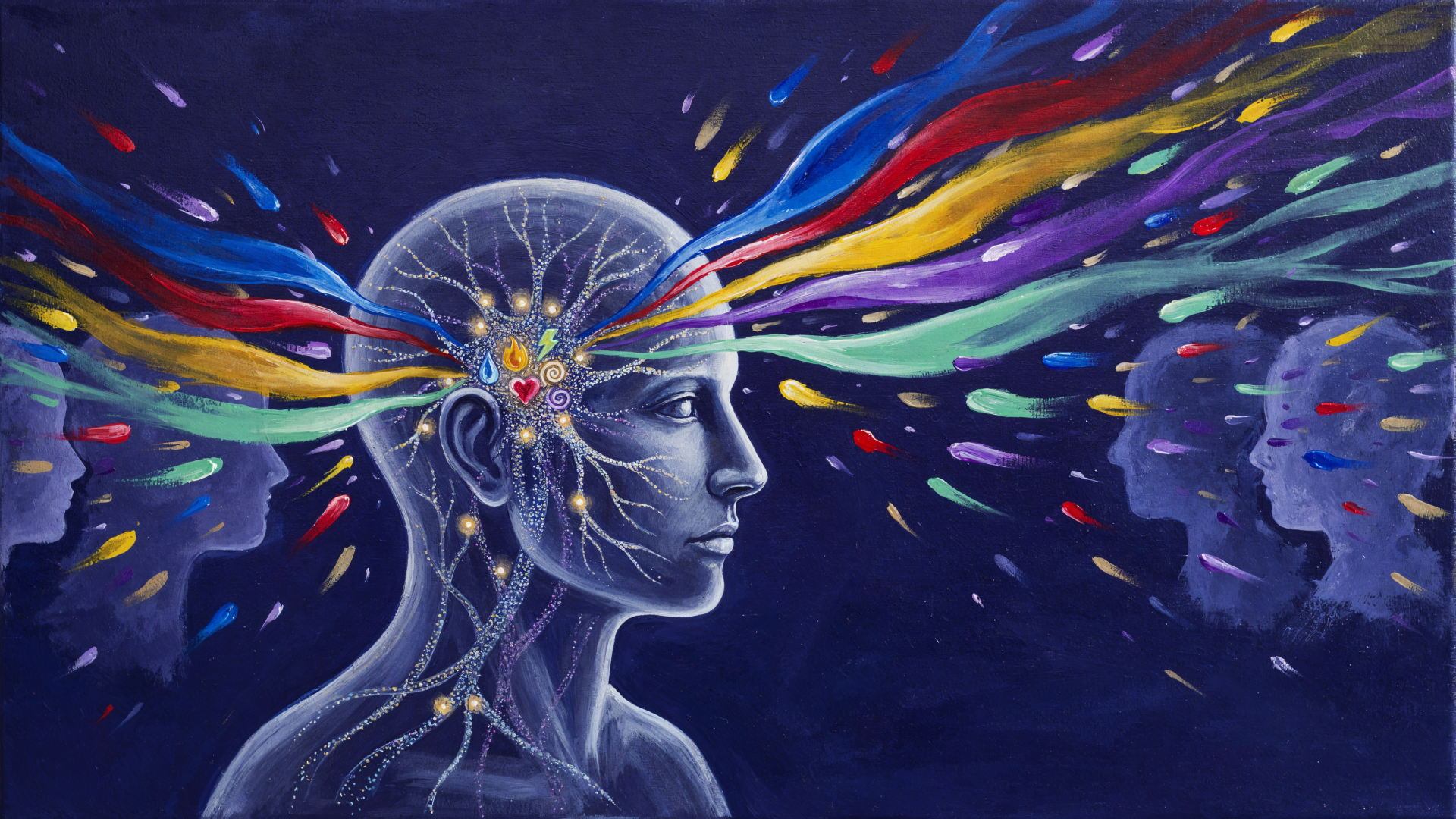 Abstract 4K Ultra HD PC desktop wallpaper: human head profile with illuminated brain networks and colorful emotion streams radiating outward against a deep space background.