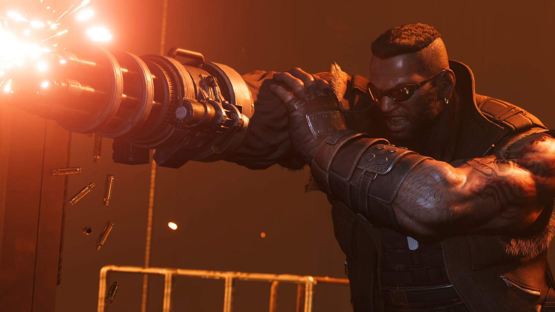 Barret Wallace from Final Fantasy VII fires his arm cannon, muzzle flash illuminating his face and armored gauntlet — cinematic HD PC desktop wallpaper.