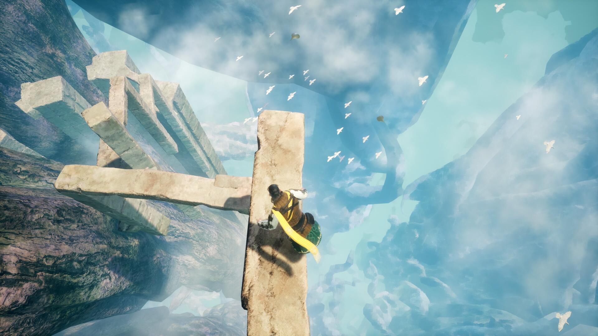 Where the Seeds Fall — a climber clings to a narrow stone ledge above a towering ice chasm with birds in the sky; 4K Ultra HD PC desktop wallpaper and background.