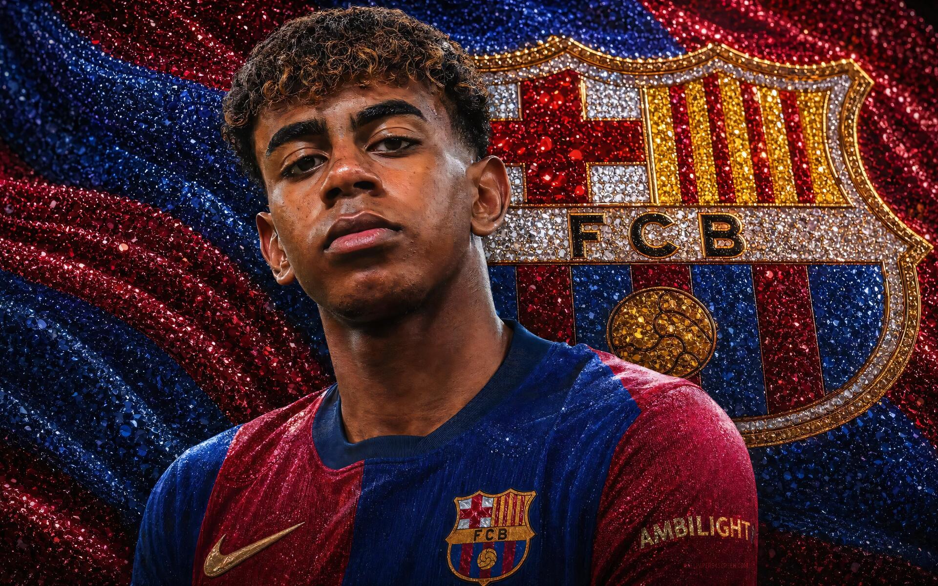 4K Ultra HD desktop wallpaper of a young FC Barcelona soccer player in club kit posed before a large Barcelona crest — energetic sports portrait background.