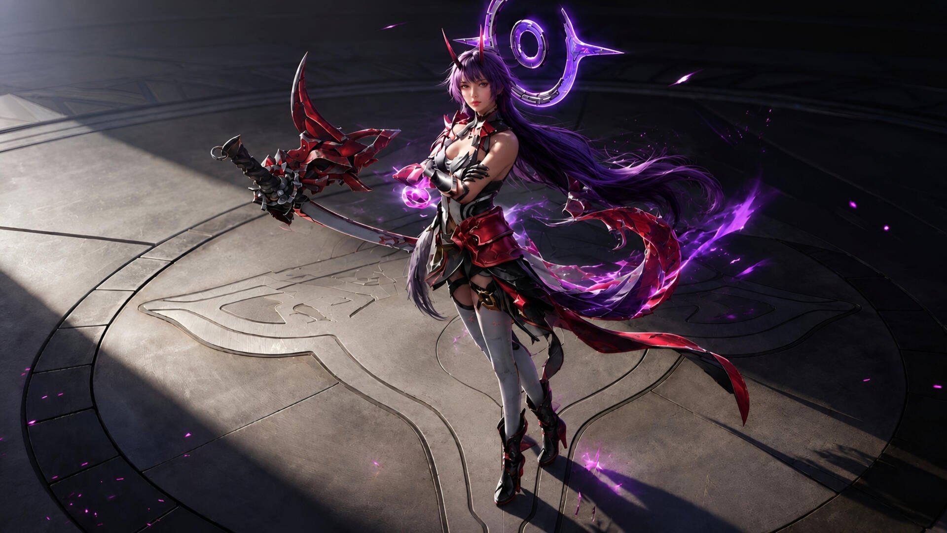 Call of Duty video game 4K Ultra HD PC desktop wallpaper: armored female character with glowing purple energy blades standing on a sunlit circular stone platform.