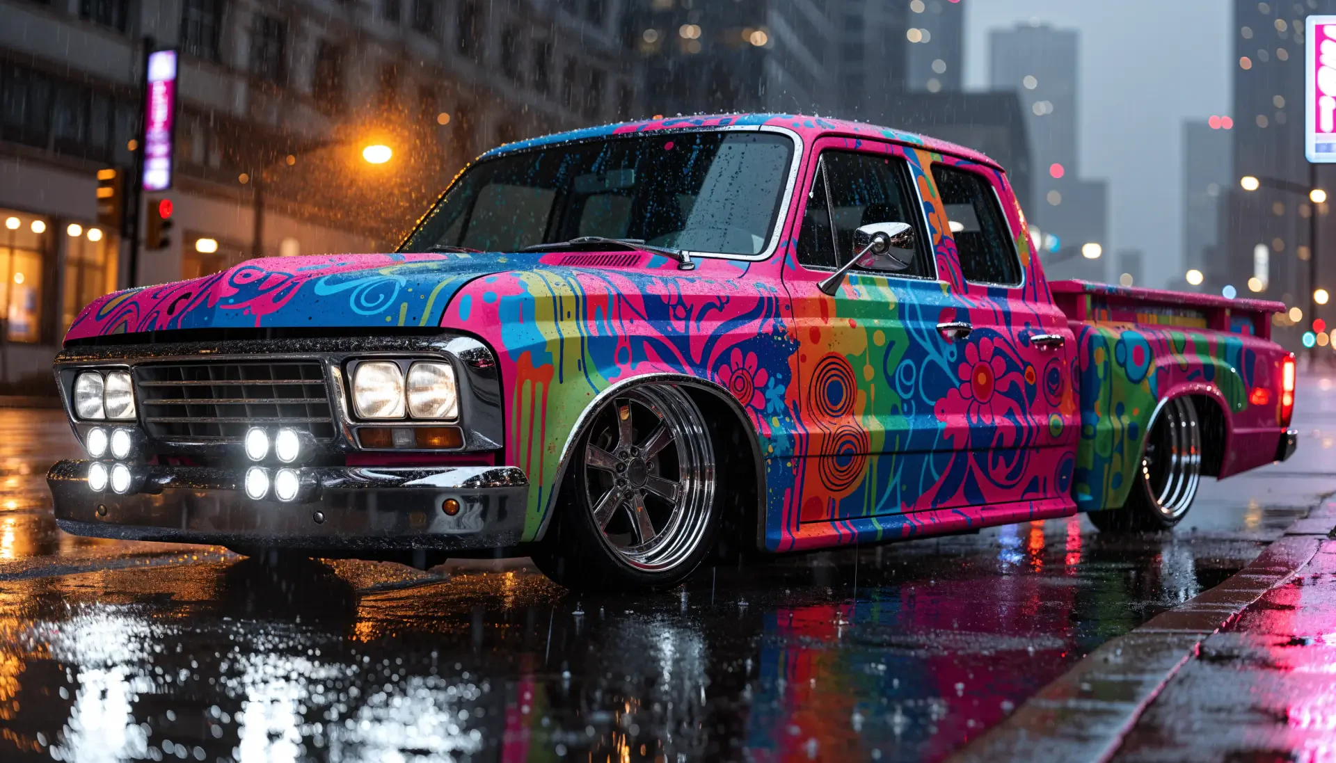 Colorful lowrider pickup truck parked on a wet city street at night; glossy reflections and LED lights — 4K Ultra HD PC desktop wallpaper/background.