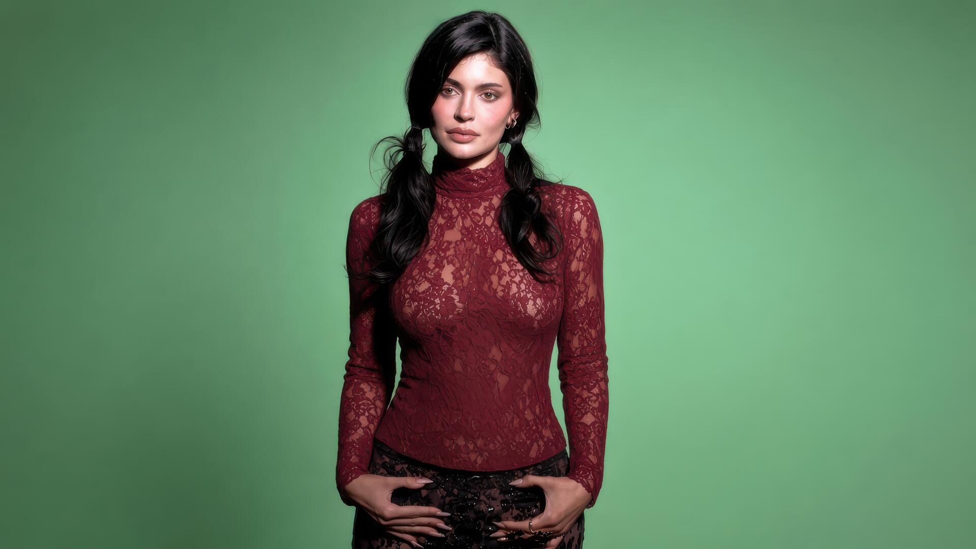 4K Ultra HD PC desktop wallpaper: portrait of a woman in a burgundy lace turtleneck, hands on hips, posed against a solid green background.