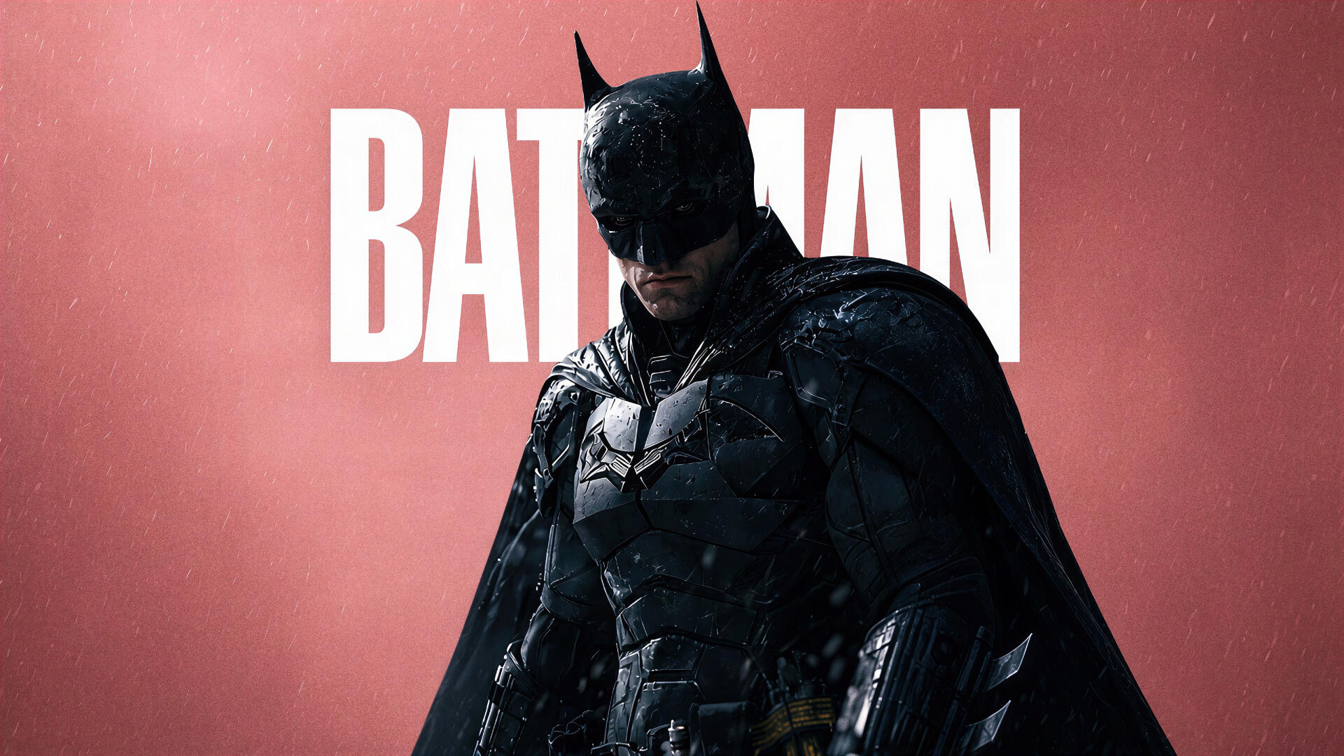 Armored Batman in moody lighting before bold BATMAN text on a red backdrop — 4K Ultra HD PC desktop wallpaper and background.