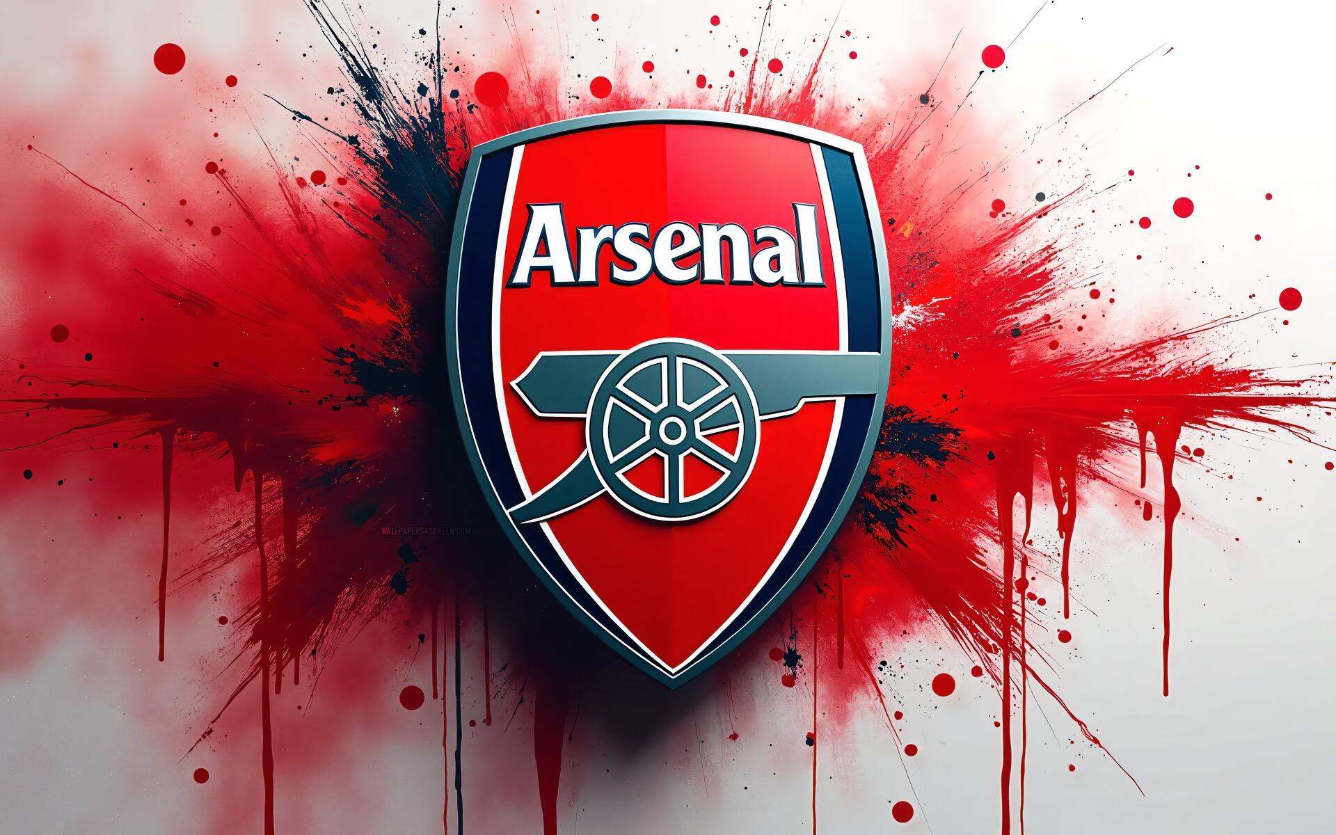 Arsenal F.C. crest with cannon emblem on a red and black paint-splatter background — soccer club logo, sports 4K Ultra HD PC desktop wallpaper and background.