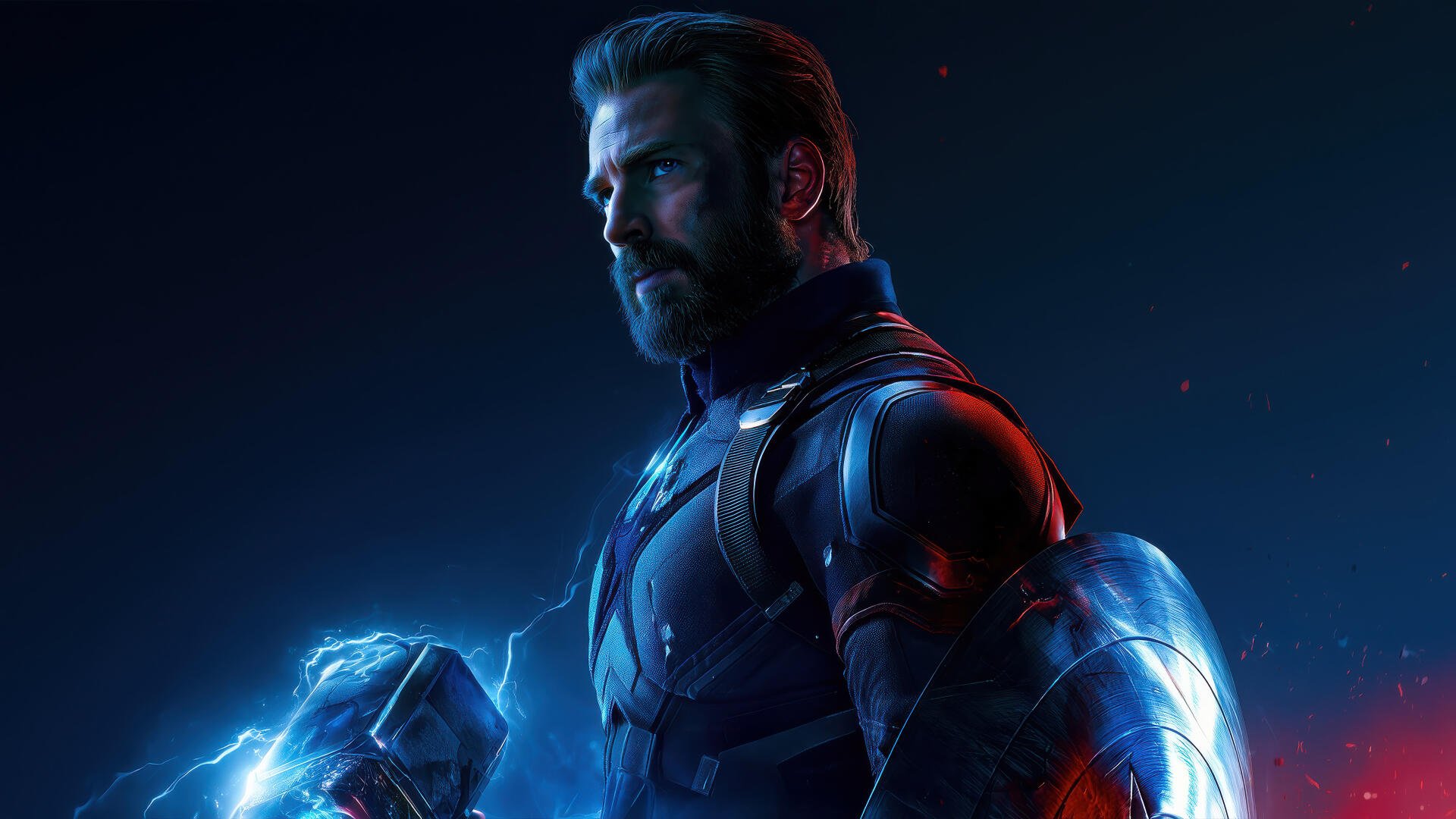 4K Ultra HD PC desktop wallpaper — digital art of Captain America in blue-red lighting, armored and holding a glowing hammer and shield in a dramatic profile.