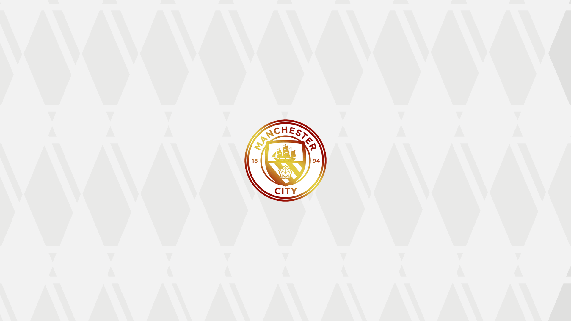 Minimal 2K Quad HD PC desktop wallpaper with a centered Manchester City F.C. circular logo on a subtle light-gray geometric patterned background.