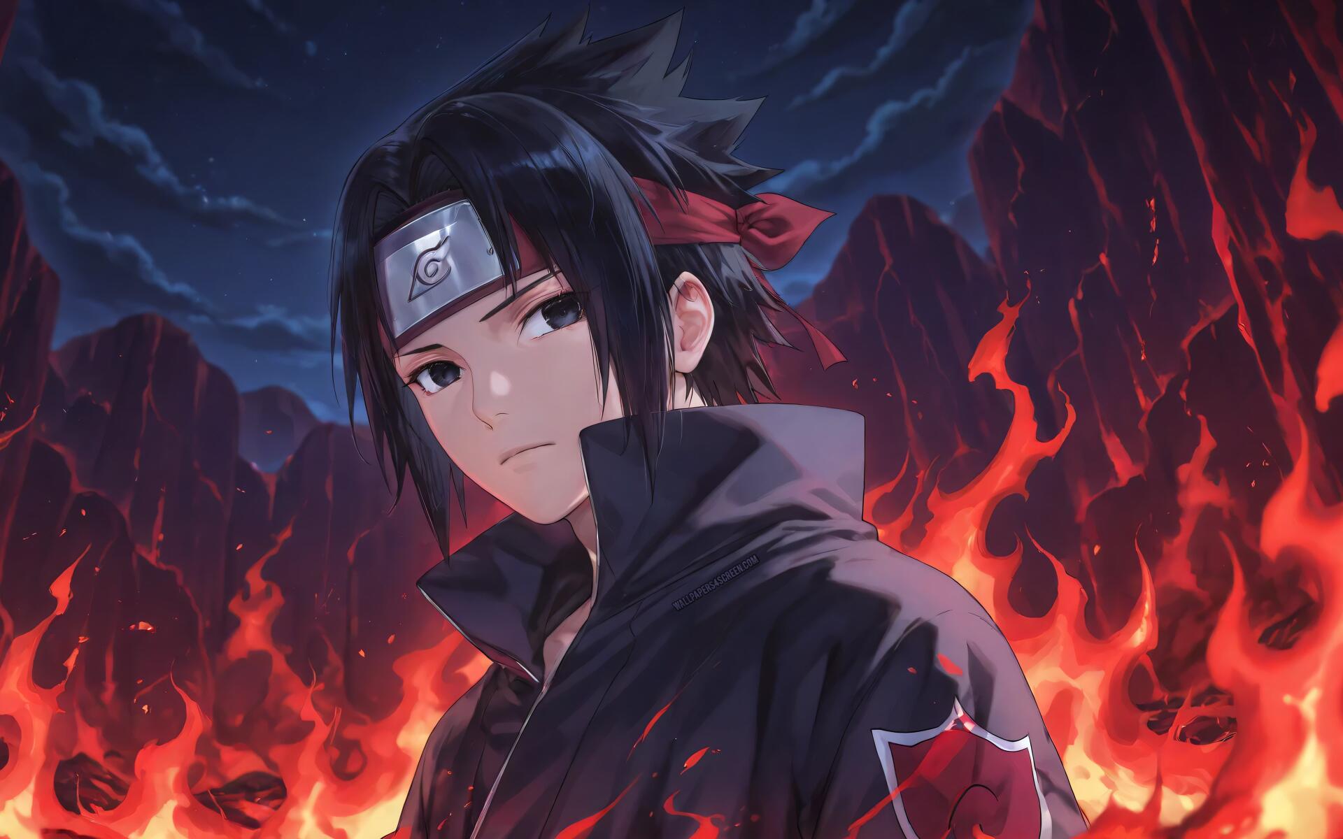 Sasuke Uchiha (Naruto) stands before roaring flames under a stormy sky — 4K Ultra HD PC desktop wallpaper/background