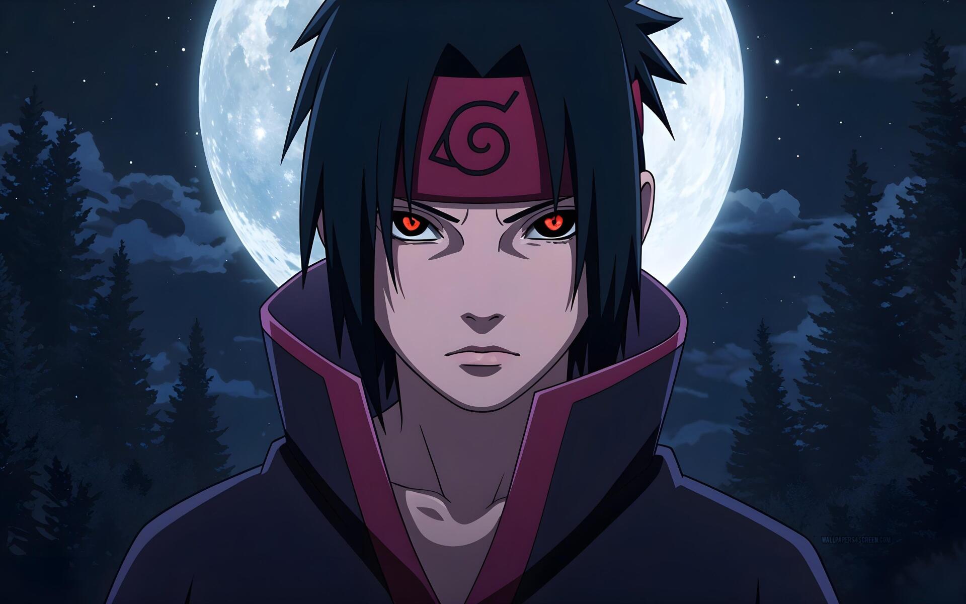 Sasuke Uchiha from Naruto glares with glowing Sharingan before a full moon and silhouetted pines — 4K Ultra HD PC desktop wallpaper/background.