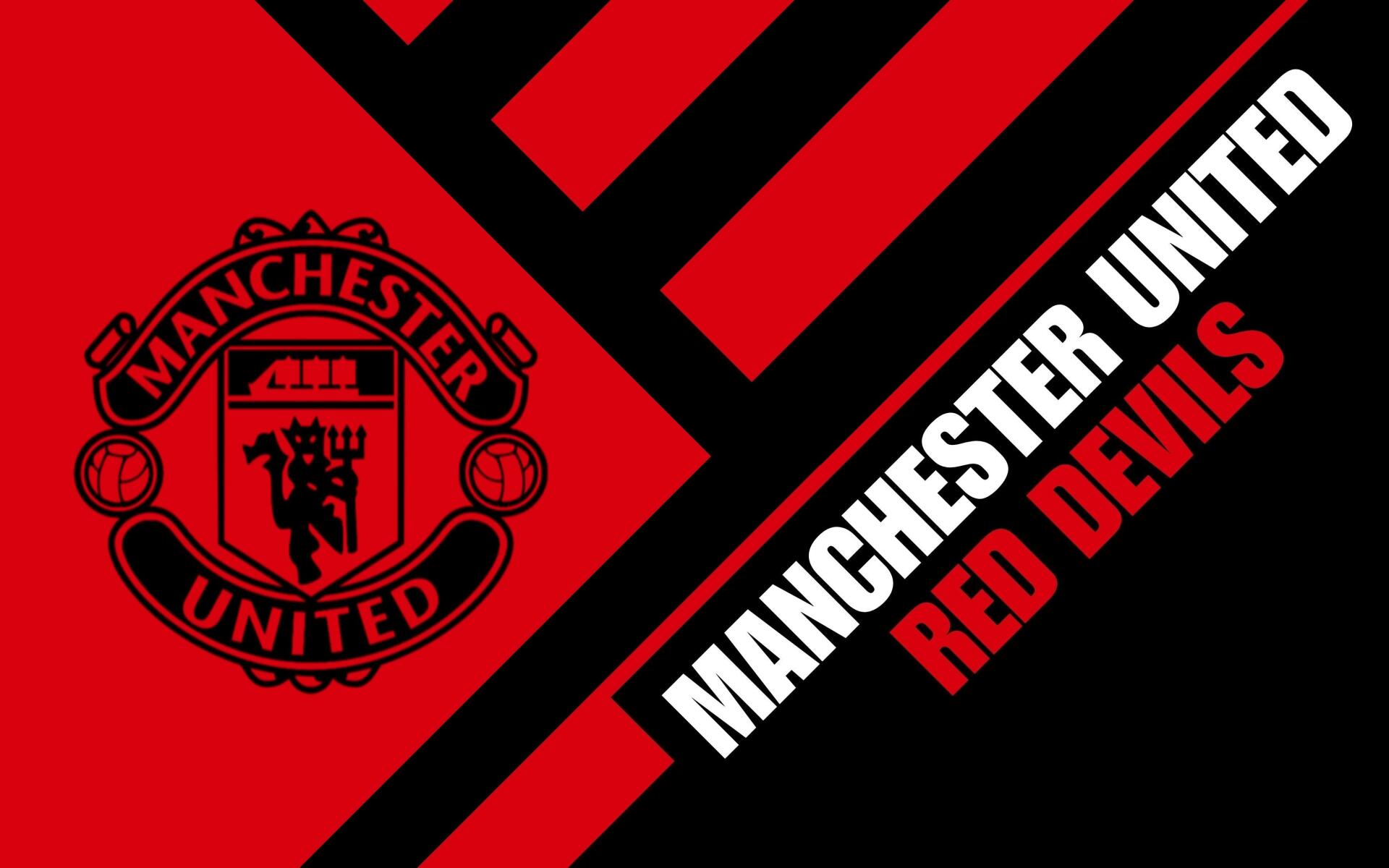 Manchester United F.C. crest on a red and black diagonal background with bold MANCHESTER UNITED RED DEVILS text — 2K Quad HD PC desktop wallpaper.