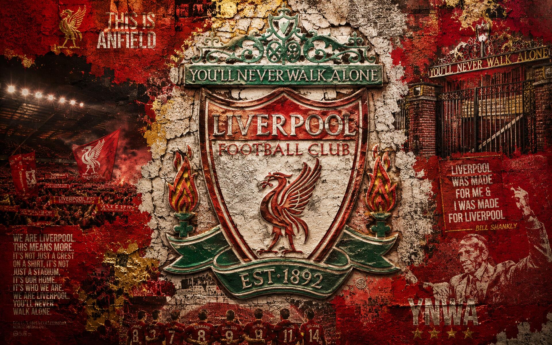 4K Ultra HD PC desktop wallpaper of Liverpool F.C. crest with Liverbird and You'll Never Walk Alone banner on a textured red background with club emblems and founding date.