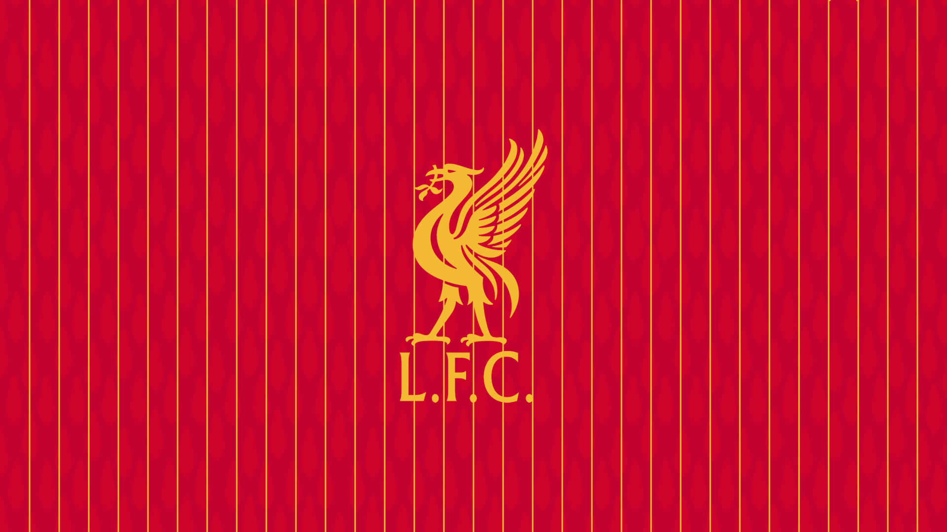 Liverpool F.C. golden Liverbird logo centered on red pinstripe background, 2K Quad HD PC desktop wallpaper.