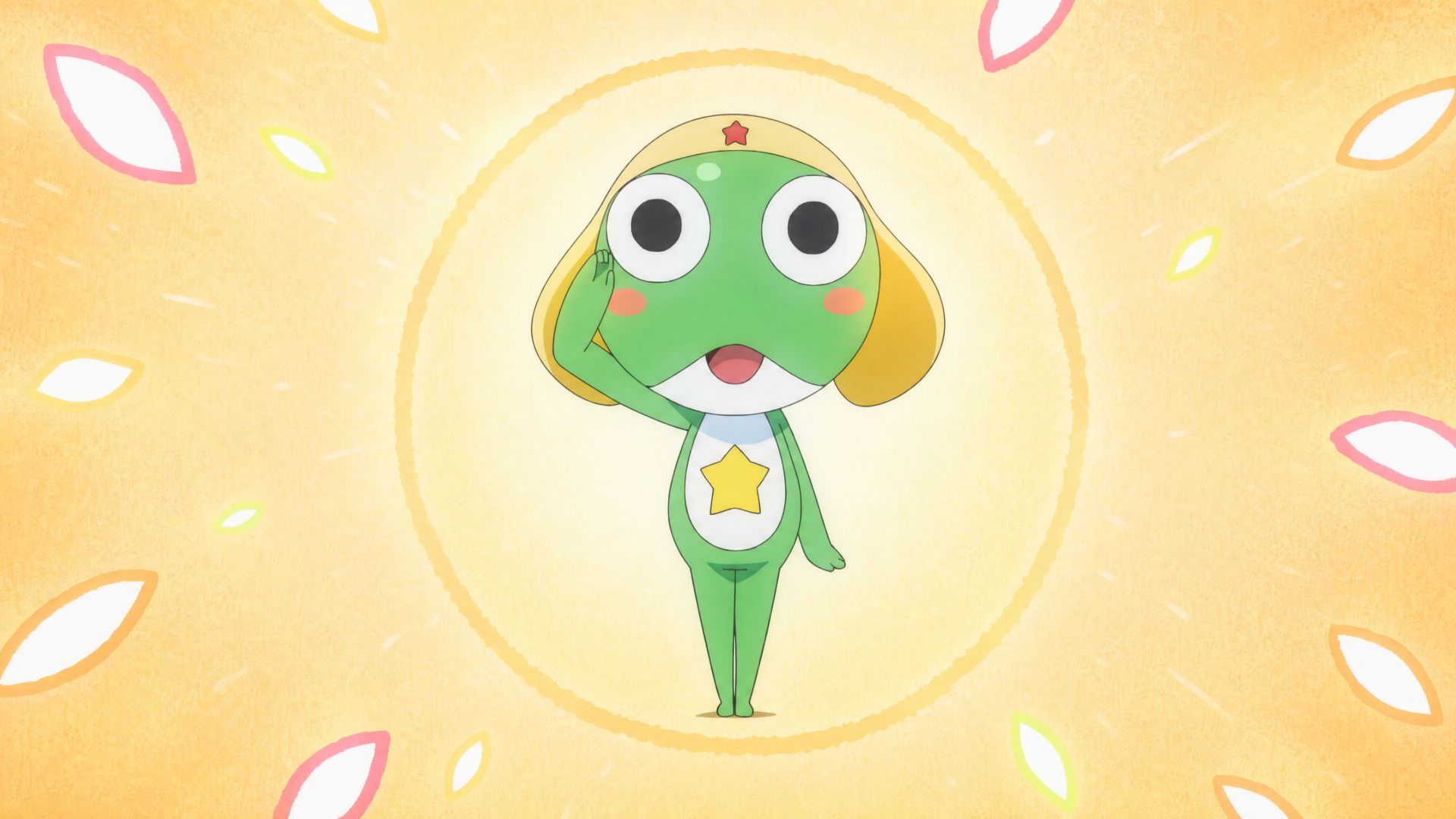 Sgt. Frog (Keroro) cartoon frog saluting on a warm yellow glowing background with floating petals — 4K Ultra HD PC desktop wallpaper/background.