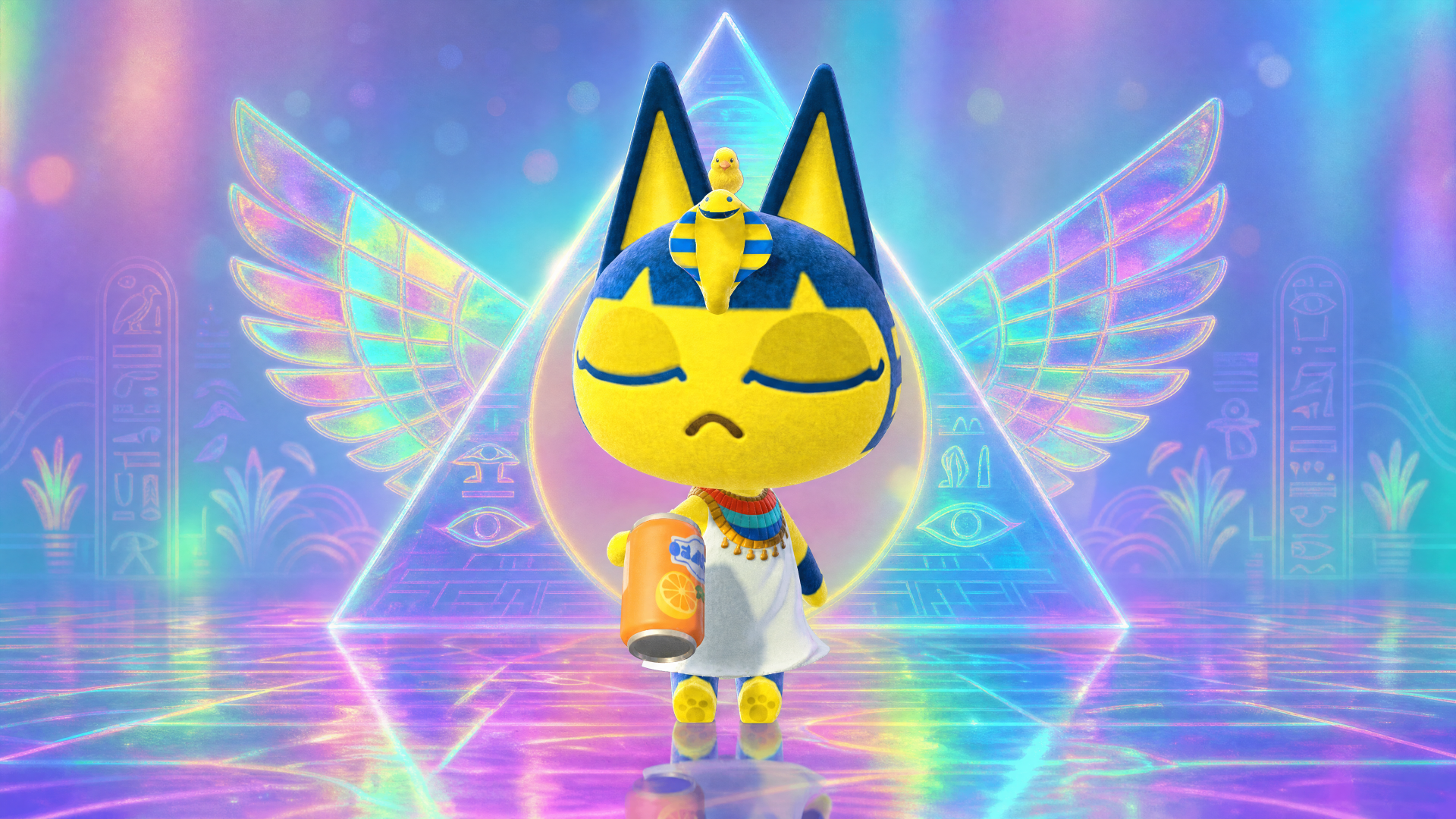 Ankha the cat in a vibrant 4K Ultra HD PC desktop wallpaper and background: Egyptian-themed feline with gold accents, glowing wings, neon pyramid and reflective floor.