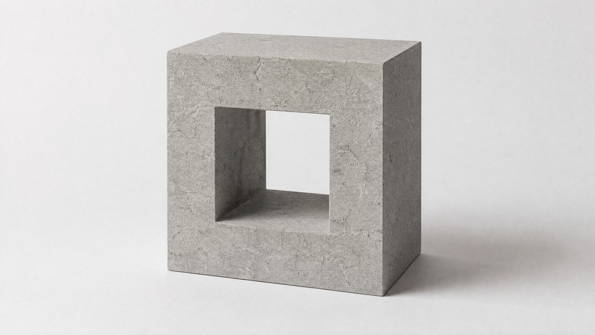 Clean concrete hollow cube sculpture on white background, minimal geometric form — 4K Ultra HD PC desktop wallpaper and background.
