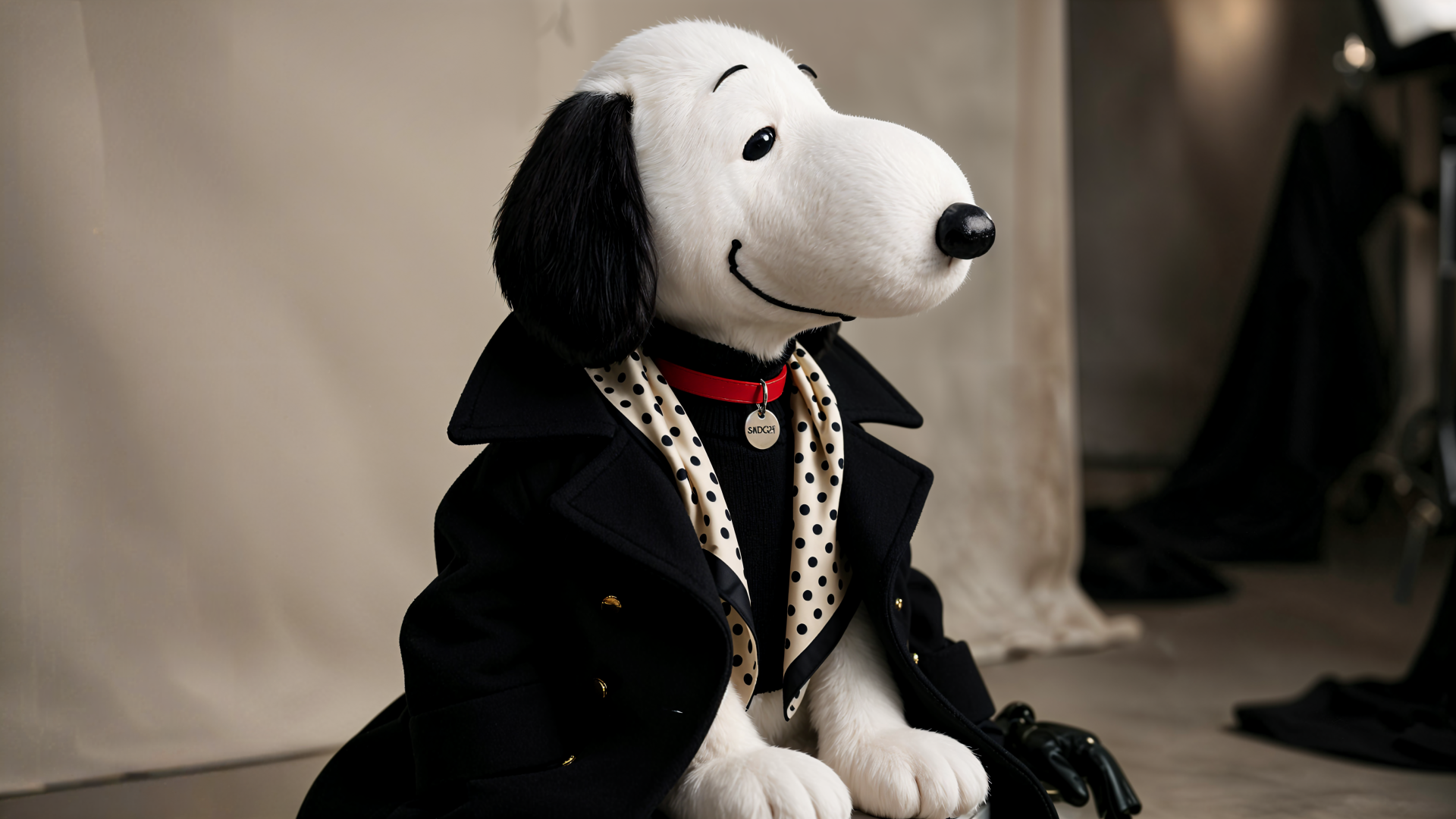 Snoopy plush dog toy in a polka-dot scarf and black coat, styled as a 4K Ultra HD PC desktop wallpaper and background.