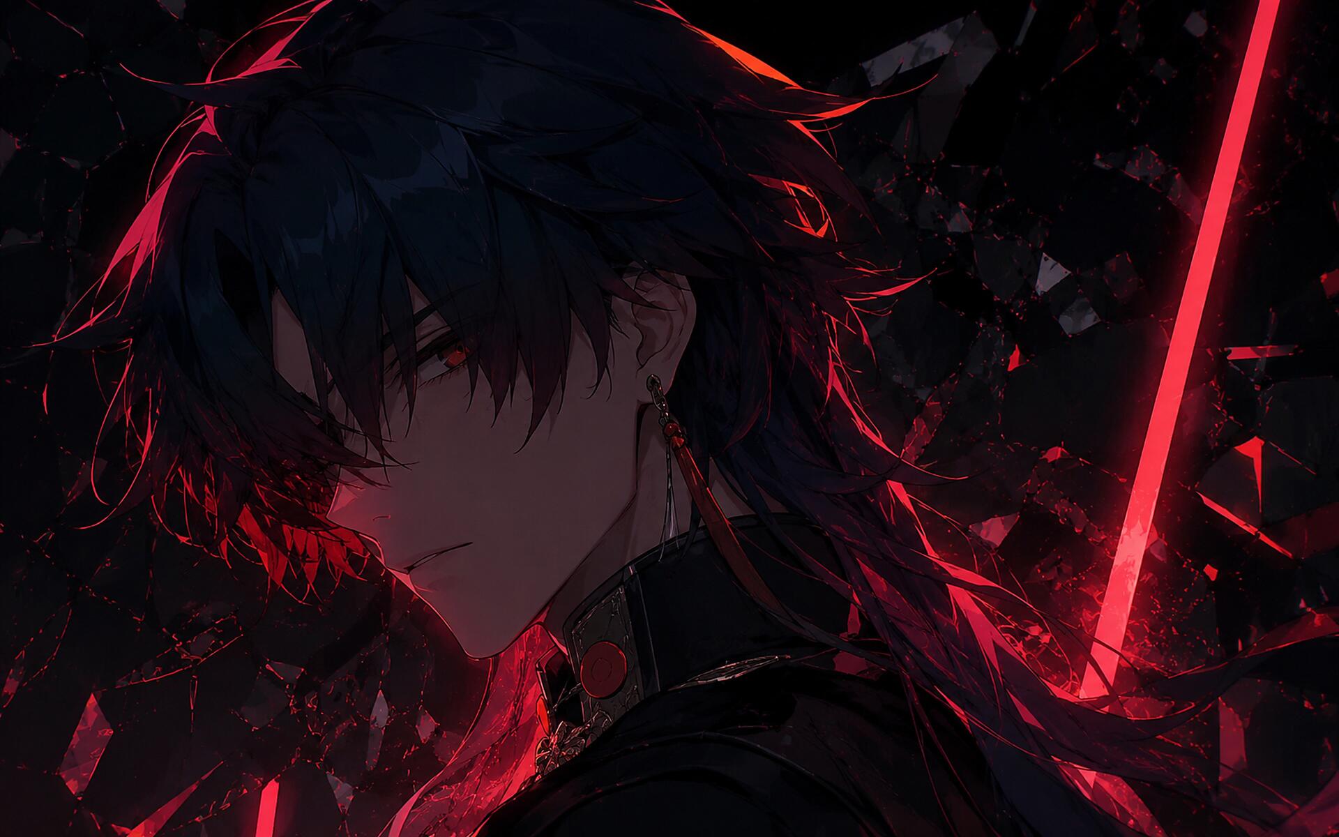4K Ultra HD anime desktop wallpaper: Blade (Honkai: Star Rail) in profile, red neon sword casting shards of light across his dark, brooding silhouette.