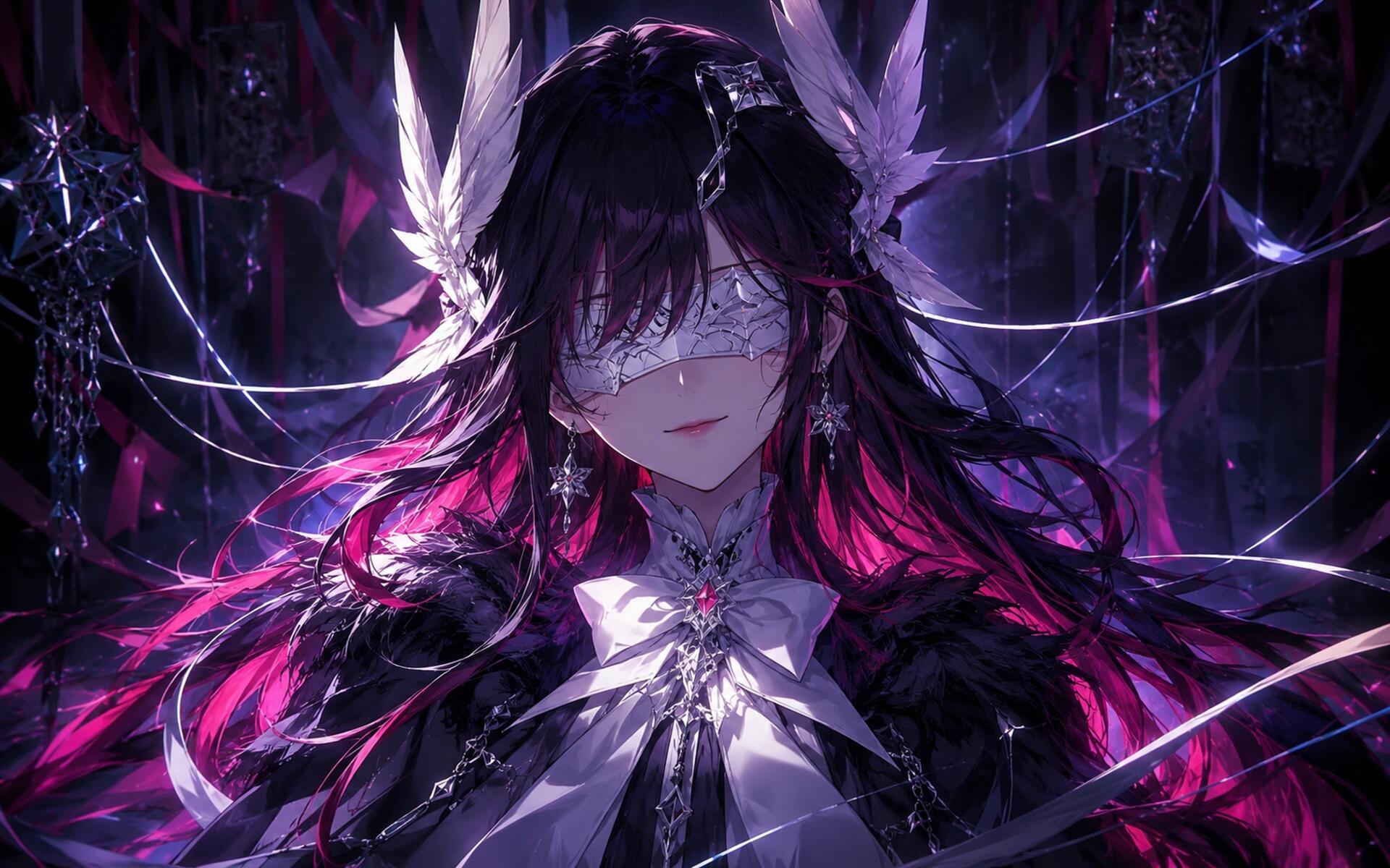 Columbina (Genshin Impact) anime portrait: blindfolded, dark ethereal woman with flowing black and magenta hair, glowing purple highlights — 4K Ultra HD PC desktop wallpaper/background.