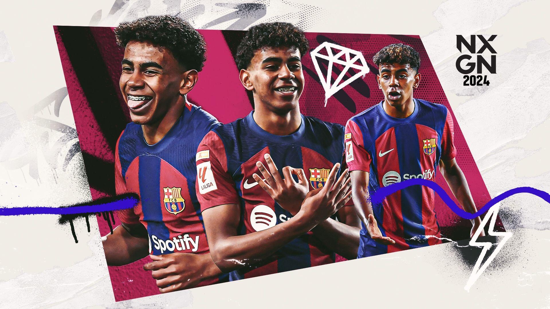 HD PC wallpaper of an unidentified young FC Barcelona player shown in three poses wearing the red‑blue kit, a stylized collage with diamond motif, sponsor logos and dynamic graphic accents.
