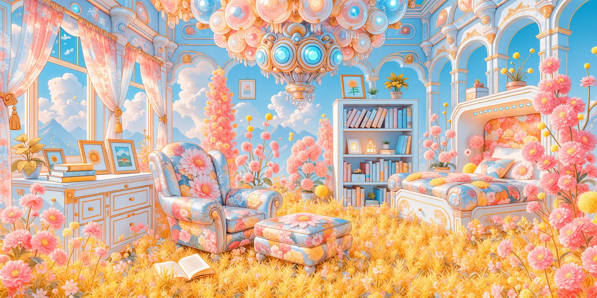 Pastel interior with a plush sofa and ottoman, ornate chandelier, filled bookshelf and fluffy floral carpet in a dreamy room — 4K Ultra HD PC desktop wallpaper and background