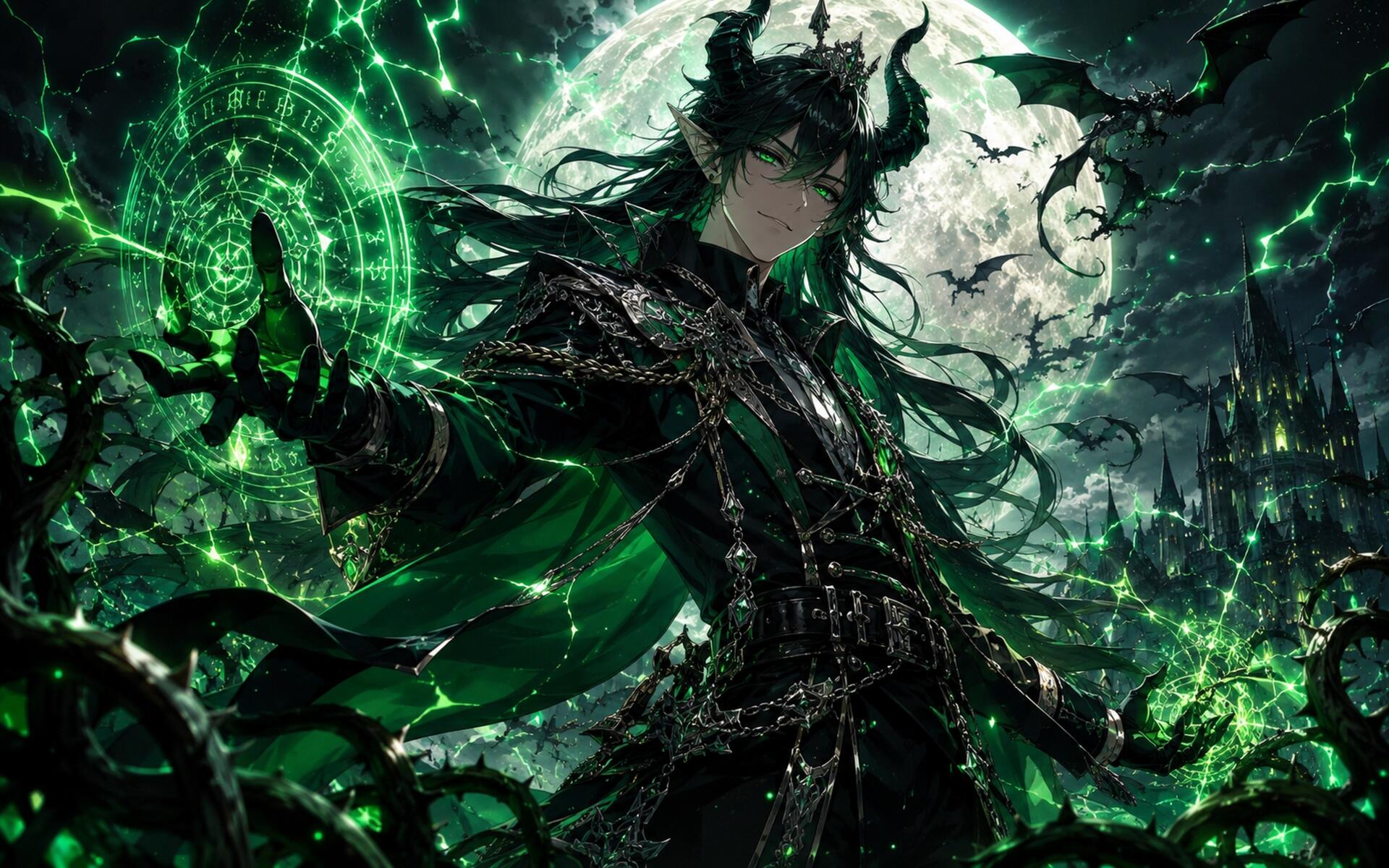 Malleus Draconia anime in horned dark armor, green arcane energy and sigils before a full moon, bats and gothic castle — 4K Ultra HD PC Desktop Wallpaper and Background