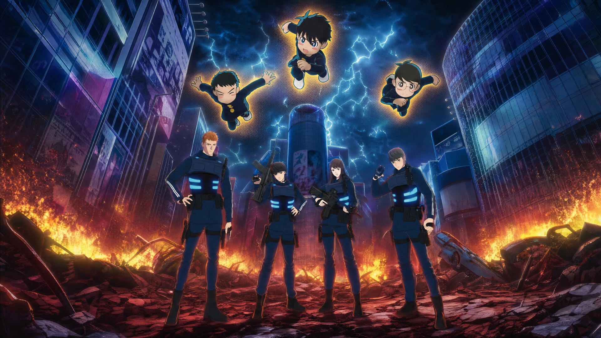 Thunder 3 Sanda anime group: team in blue-accented suits stands in a burning city as three members hover amid lightning — 4K Ultra HD PC desktop wallpaper/background.