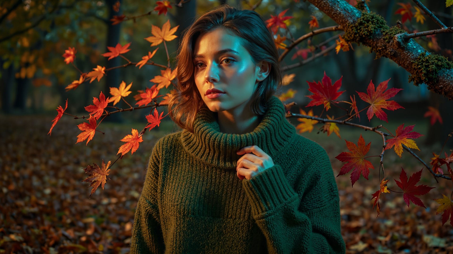 HD PC desktop wallpaper: aesthetic autumn portrait of a woman in a green sweater surrounded by red and orange maple leaves.