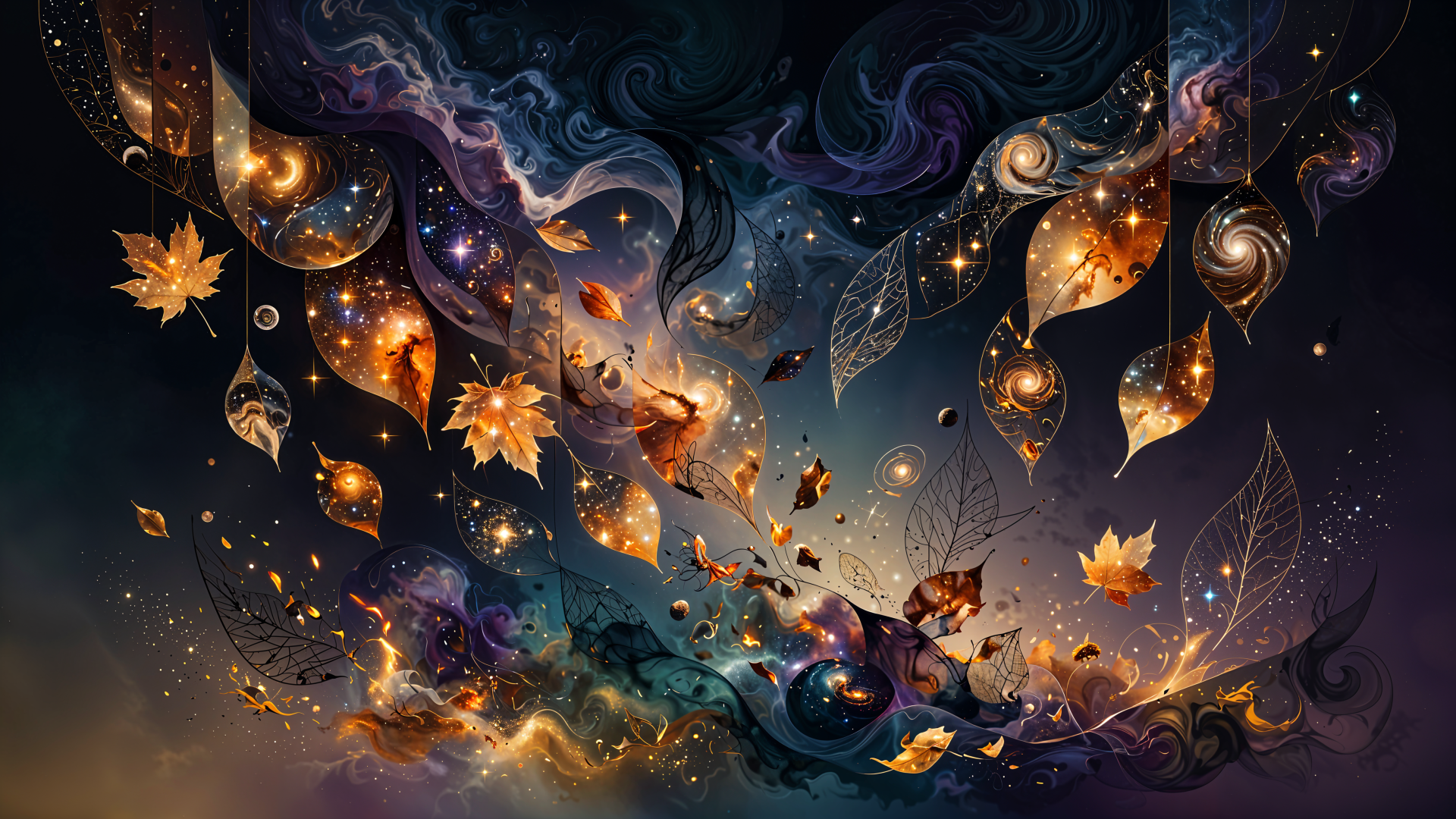 Aesthetic fall-autumn abstract: glowing leaves and filigree swirls drift through cosmic light and orbs — 4K Ultra HD PC desktop wallpaper/background.