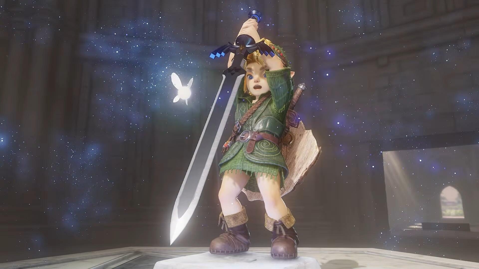 Link from The Legend of Zelda: Ocarina of Time raises a glowing sword as Navi flutters beside him amid sparkles — HD PC desktop wallpaper featuring the game character.