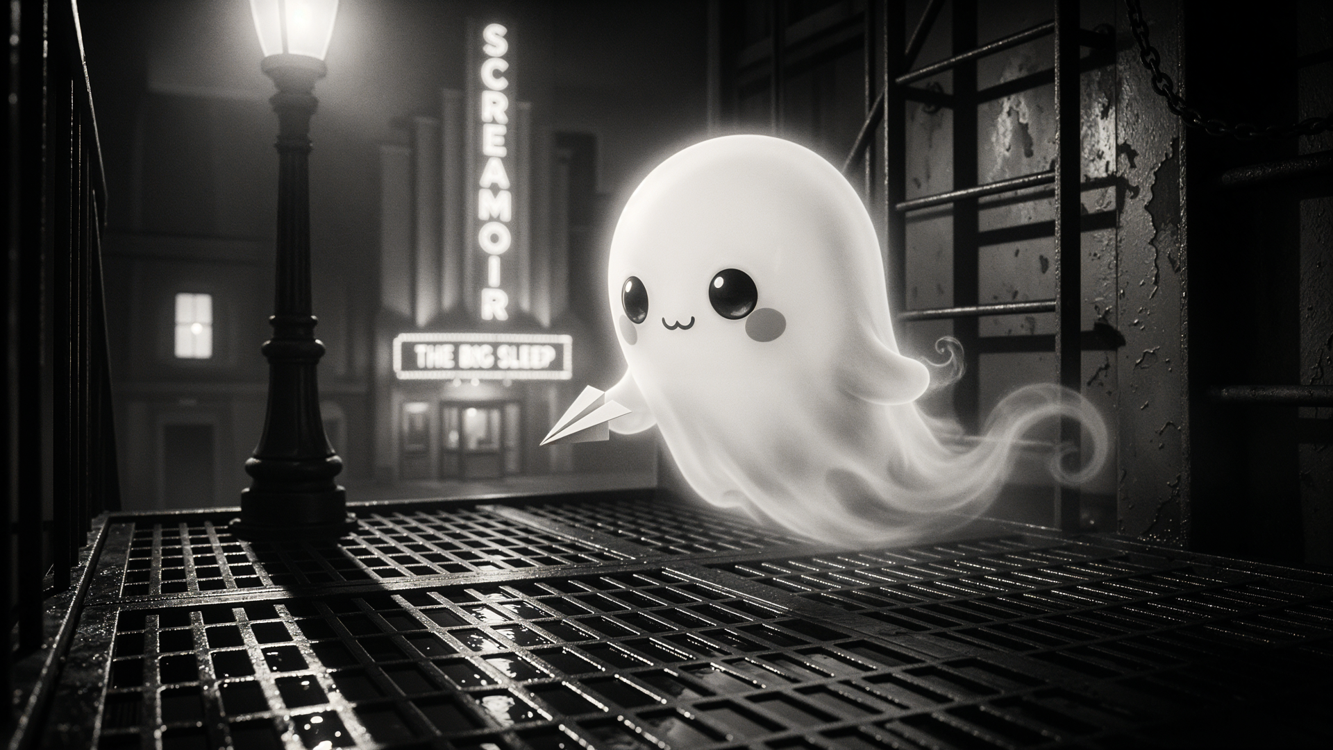 Cute cartoon ghost floating above a wet city grate at night, glowing with big eyes — 4K Ultra HD PC Desktop Wallpaper and Background.