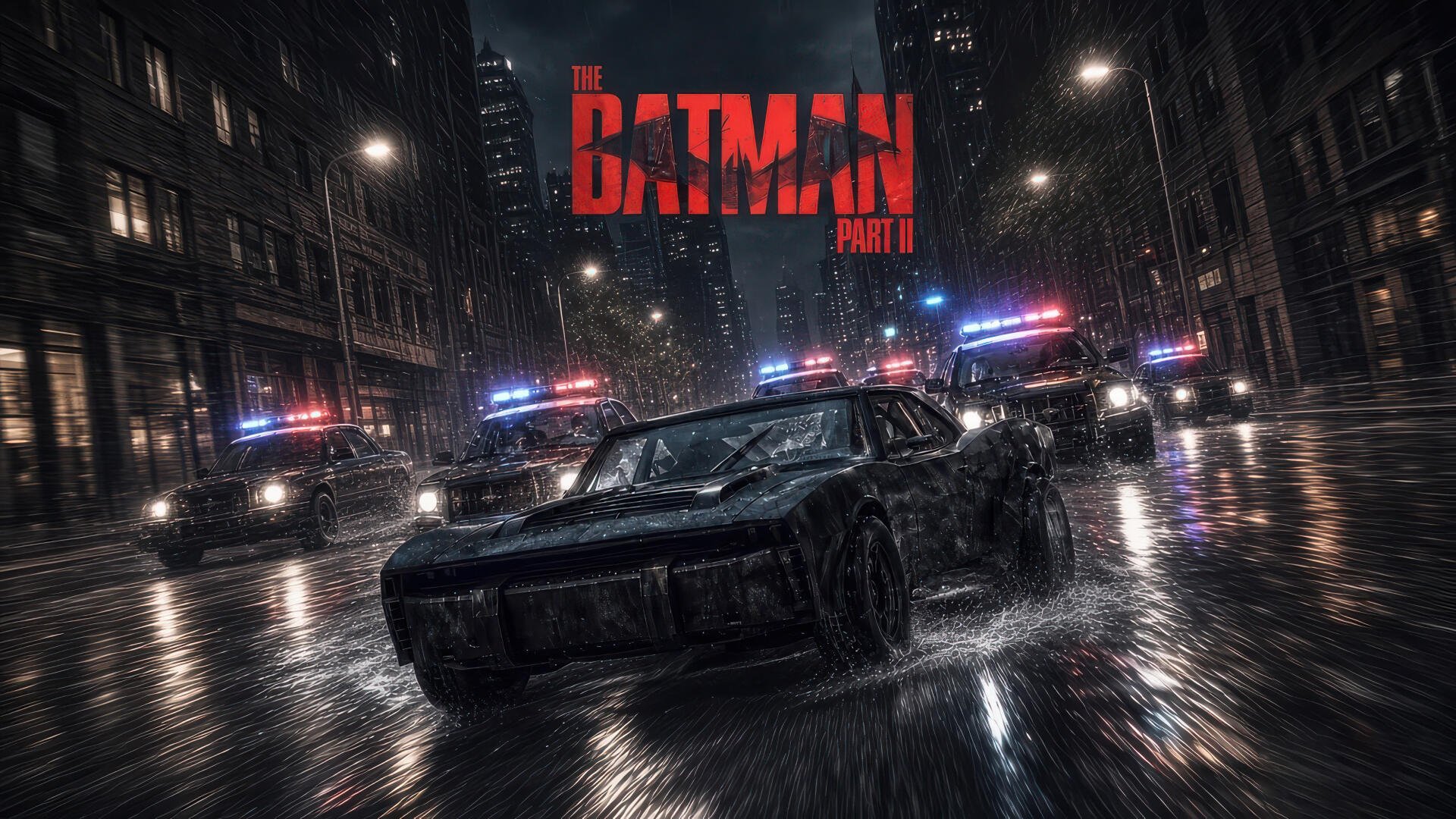 Moody digital art 4K Ultra HD PC desktop wallpaper: Batman and Batmobile cut through rainy neon city streets at night, police lights glinting on wet asphalt.