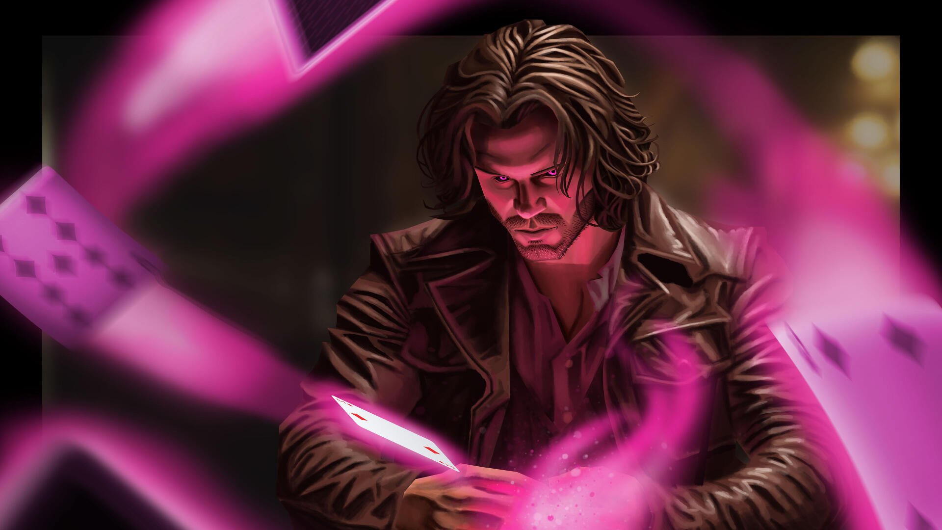 4K Ultra HD digital art PC wallpaper of Gambit (Marvel Comics) charging a glowing pink playing card as magenta energy swirls around him, trench coat and focused expression.