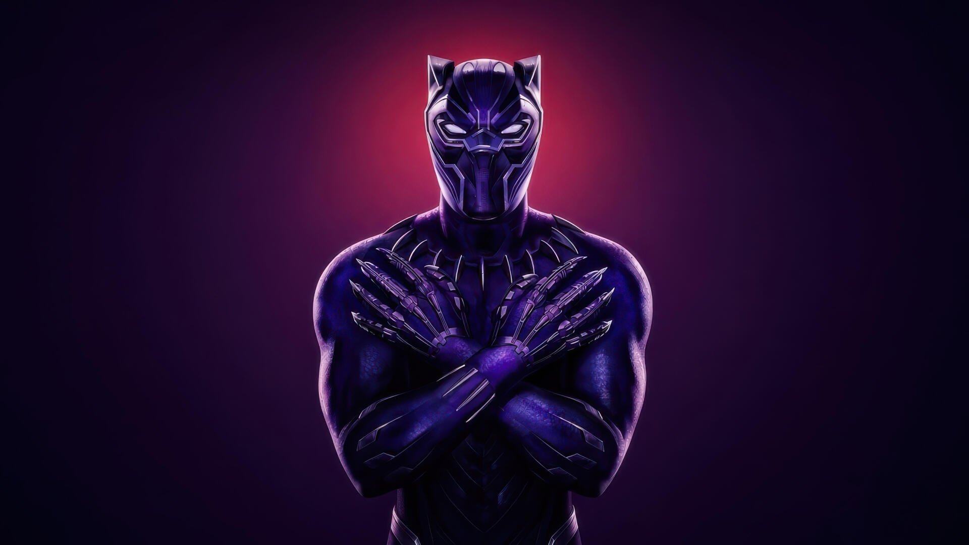 4K Ultra HD PC desktop wallpaper digital art of Black Panther (Marvel Comics) in his vibranium suit, arms crossed over chest, purple highlights glowing against a dark gradient background.
