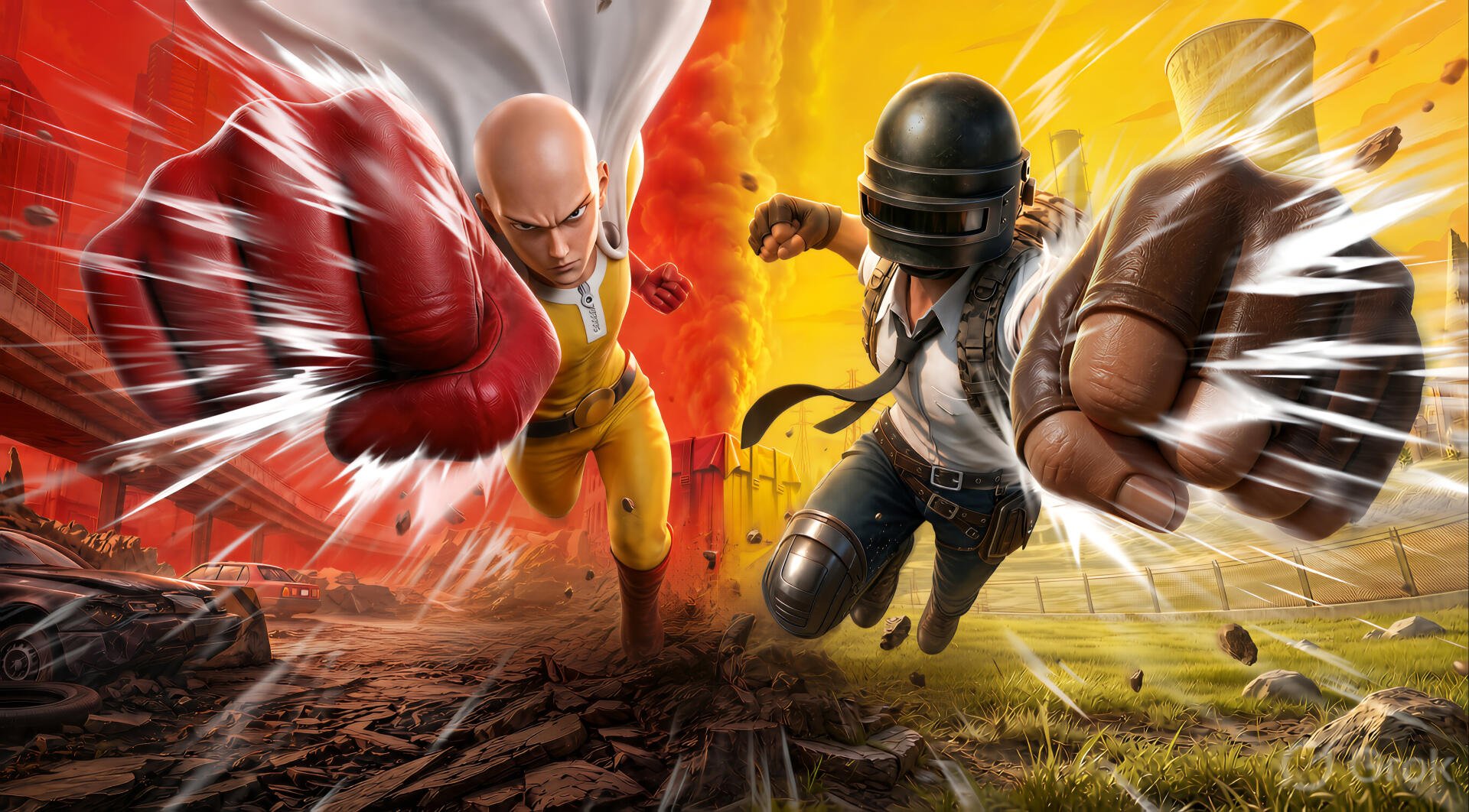 2K Quad HD PC desktop wallpaper/background: One Punch Man's Saitama and a PUBG Mobile soldier clash in a fiery split-screen One Punch Man World battlefield.