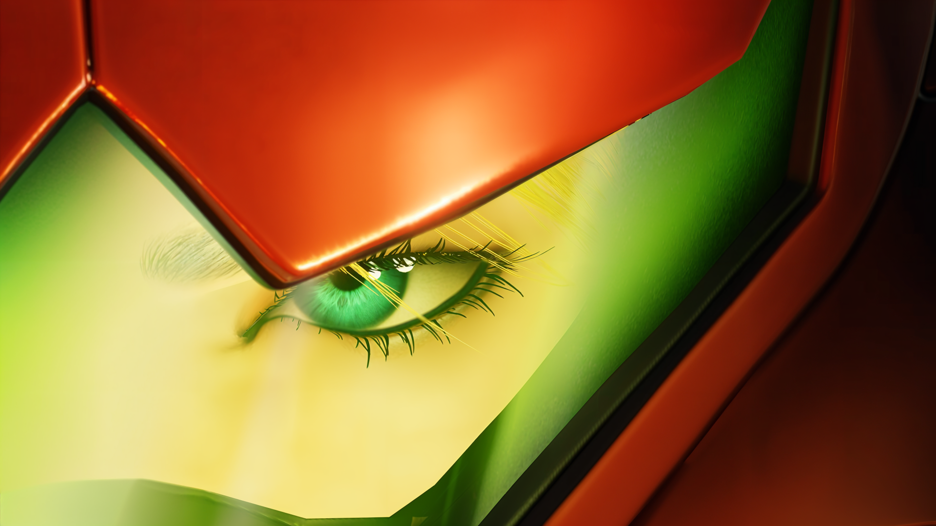 4K Ultra HD PC desktop wallpaper/background: close-up of Samus Aran’s green eye behind the red-and-green Metroid Ravenous mask.
