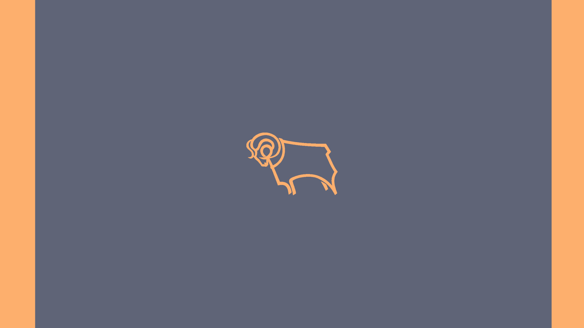 Minimalist Derby County F.C. ram logo in orange centered on dark gray 2K Quad HD PC desktop wallpaper with thin orange border.