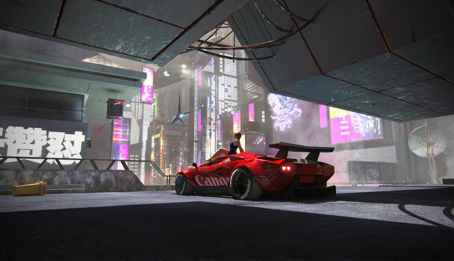 Cyberpunk digital art 4K Ultra HD PC desktop wallpaper: red sports car with a girl beside it under neon signs and holographic billboards in a rainy futuristic city.