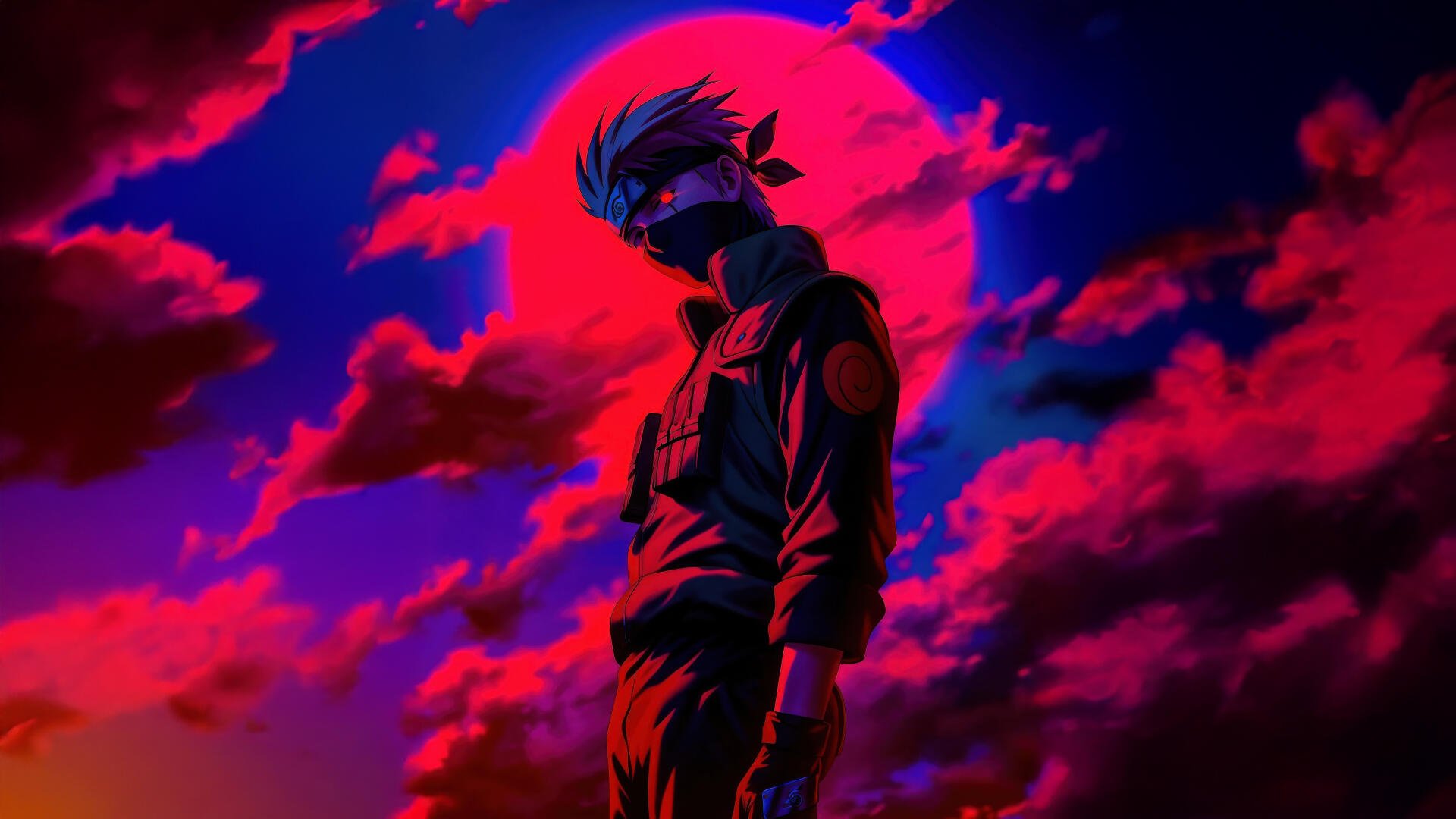 Kakashi Hatake (Naruto) silhouette against a blood-red moon and neon clouds — 5K Ultra HD PC desktop wallpaper/background.