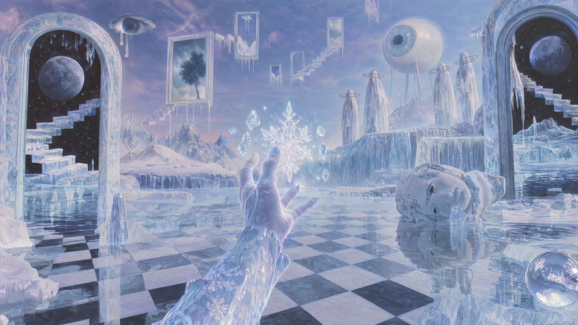 4K Ultra HD PC desktop wallpaper: a moonlit ice realm where a glowing rabbit casts crystalline ice magic across a reflective checkerboard floor, with frozen towers and a distant moon.