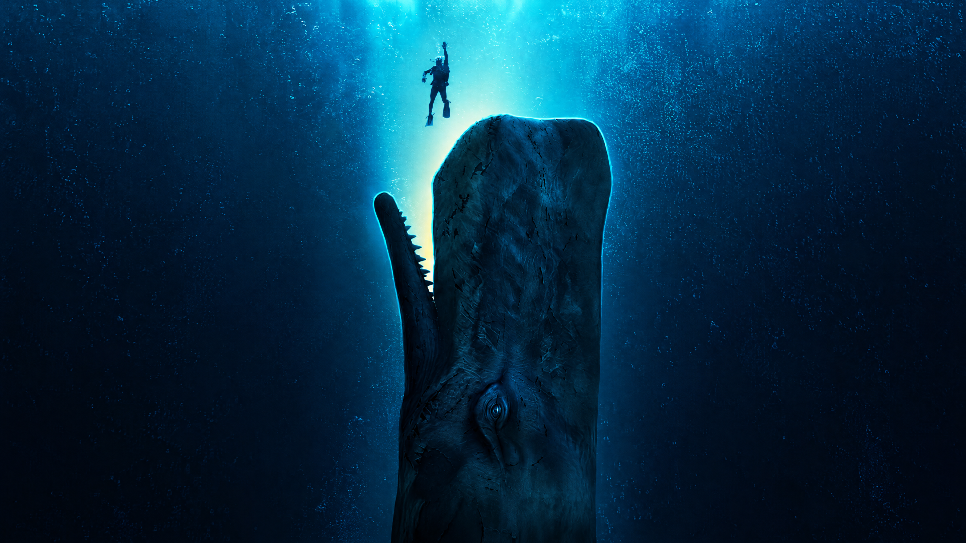 4K Ultra HD PC desktop wallpaper of a whalefall movie scene: a lone diver hovers above a vertical whale carcass in eerie blue deep ocean light.