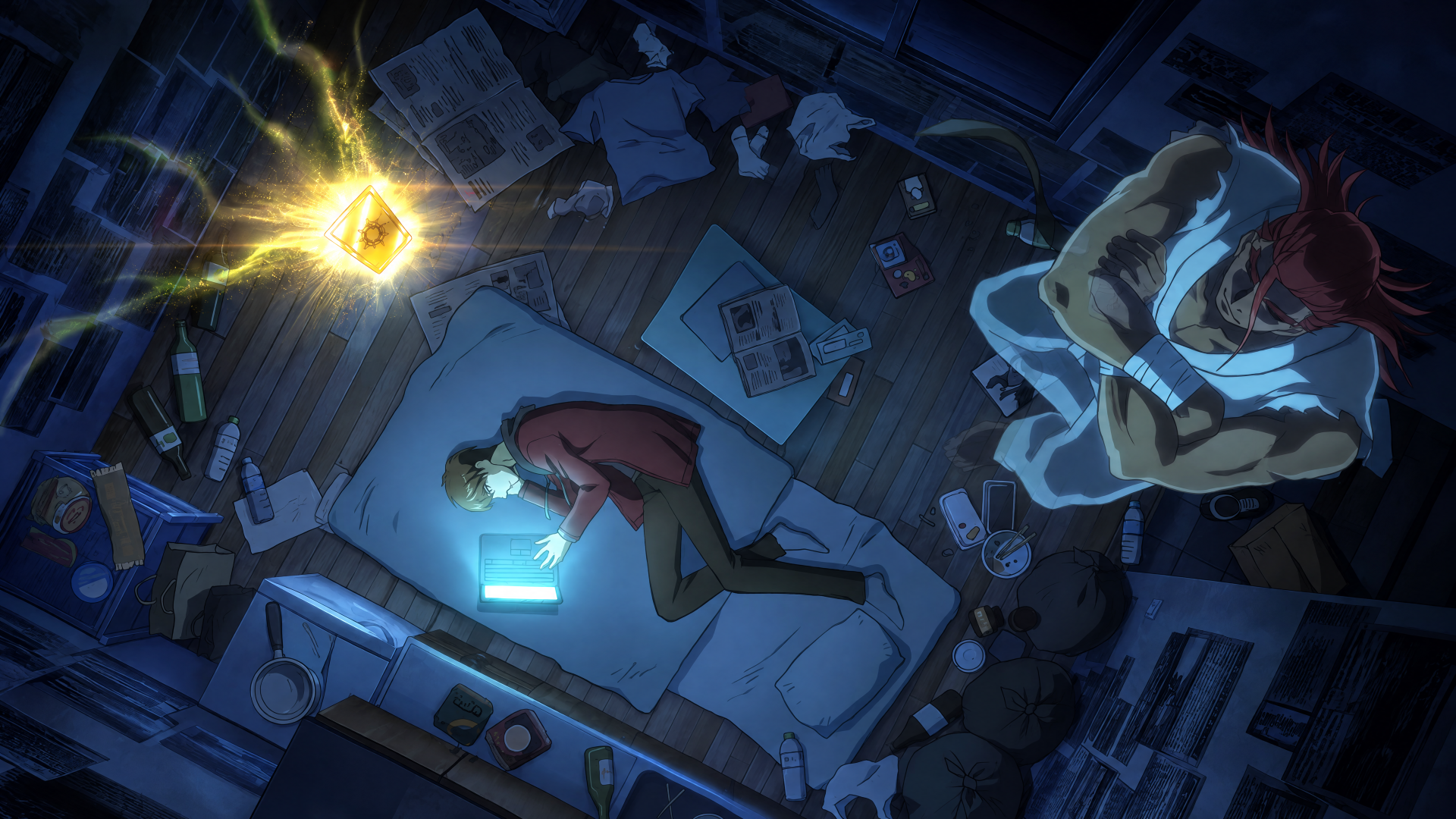 SSS-Class Revival Hunter anime, bedroom at night: overhead of a sleeping youth on a messy bed lit by a glowing device, a cloaked hunter and floating energy orb — 4K Ultra HD PC desktop wallpaper