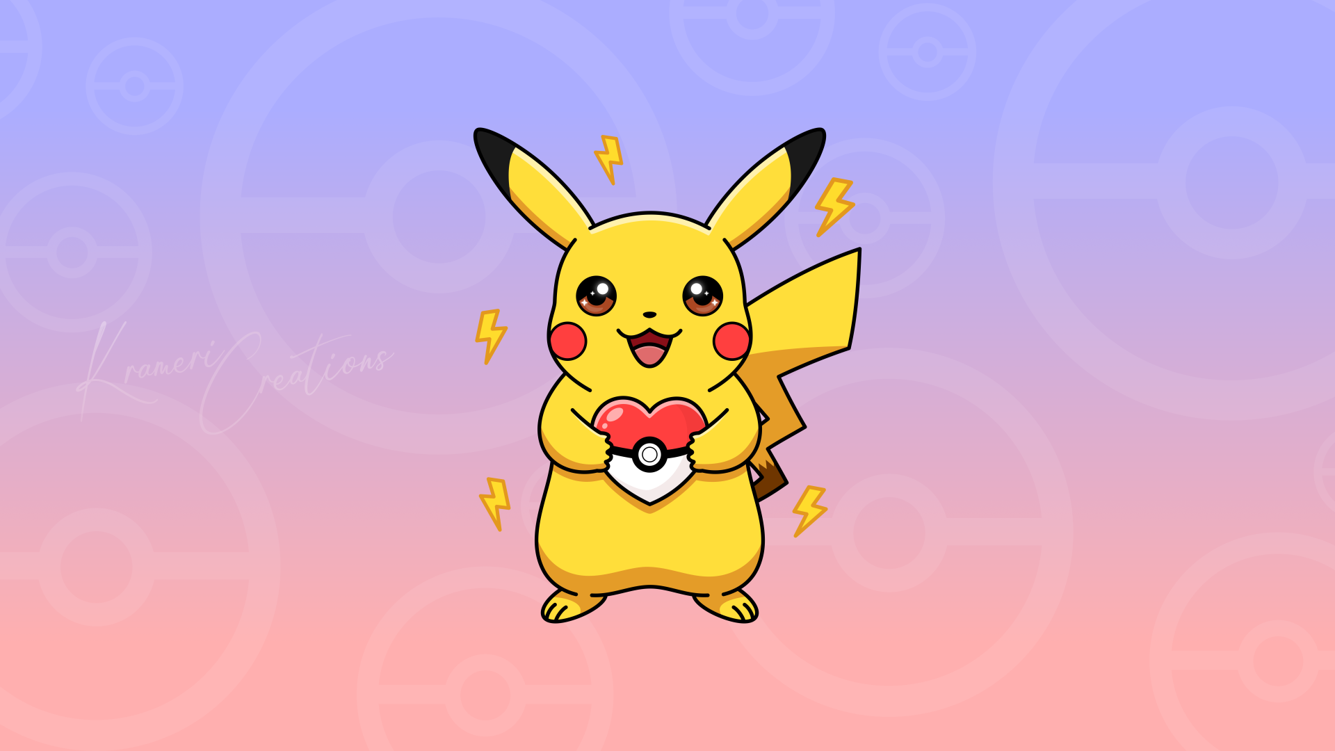 Anime Pokemon fan art 8K Ultra HD PC desktop wallpaper: Pikachu smiling and holding a heart-shaped Pokeball against a soft pink-to-purple pastel gradient background.