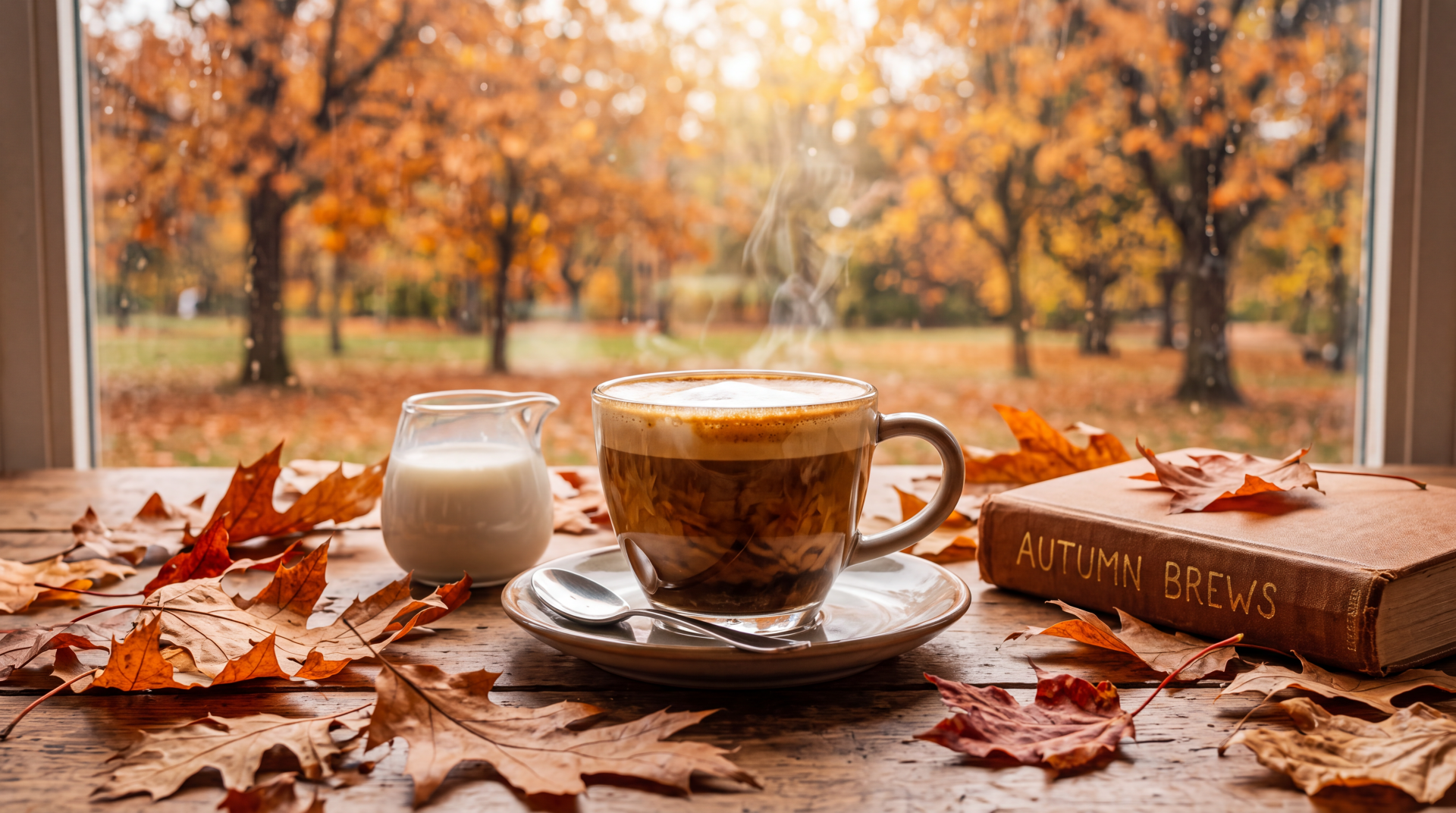Espresso Fall 5K Ultra HD PC desktop wallpaper: steaming espresso cup and milk jug on a windowsill, autumn leaves scattered, golden fall trees visible outside.