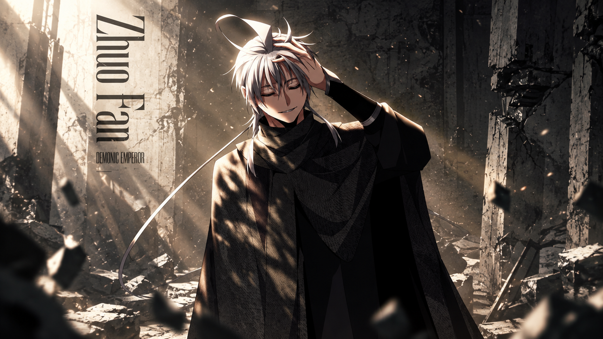 Anime — Frieren: Beyond Journey's End 2K Quad HD PC wallpaper: cloaked Frieren in a ruined hall, eyes closed, shafts of light and drifting dust.
