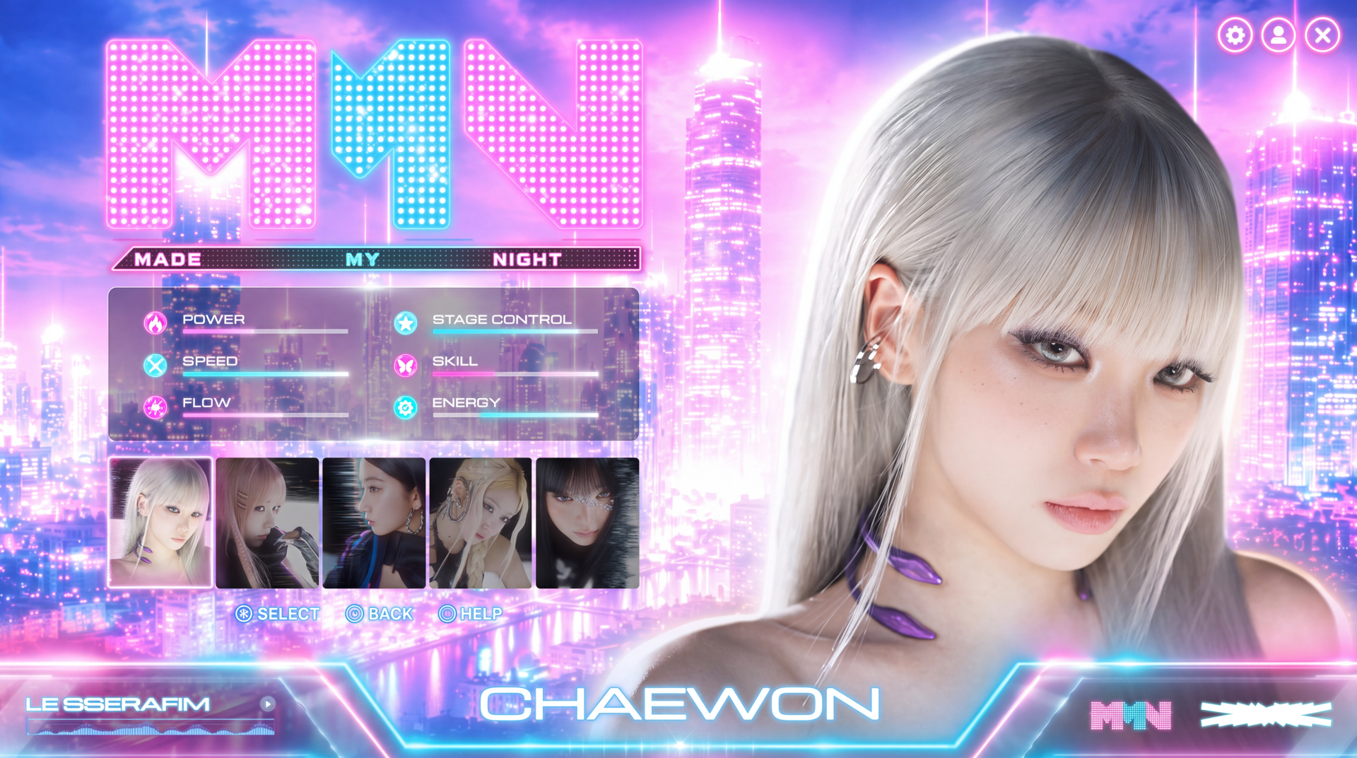 5K Ultra HD PC desktop wallpaper: silver‑haired K-pop idol portrait set in a neon cyberpunk city, Overwatch 2–style HUD elements, thumbnail photo strip and a prominent name plate.