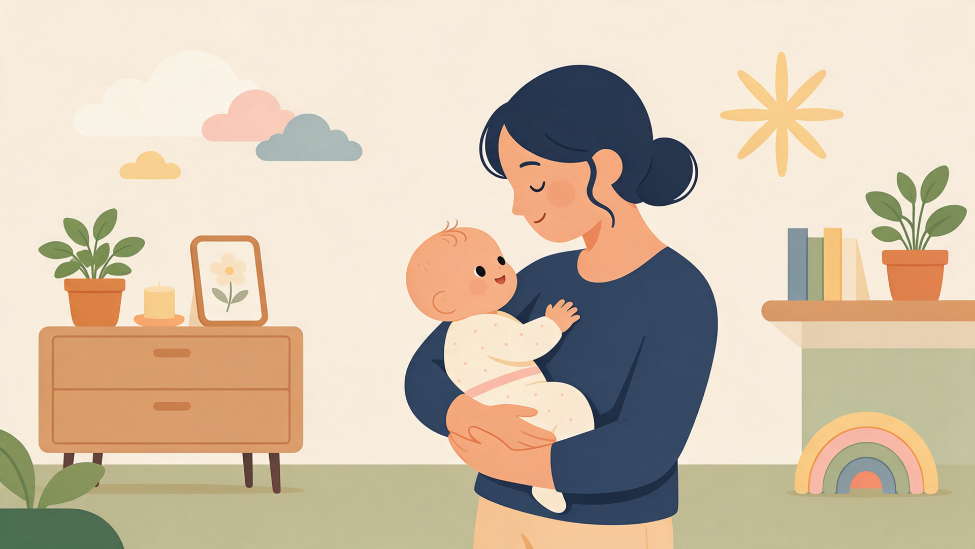 Illustrated mother gently cradling her baby in a cozy nursery with plants, dresser and rainbow accent — 2K Quad HD PC desktop wallpaper and background.