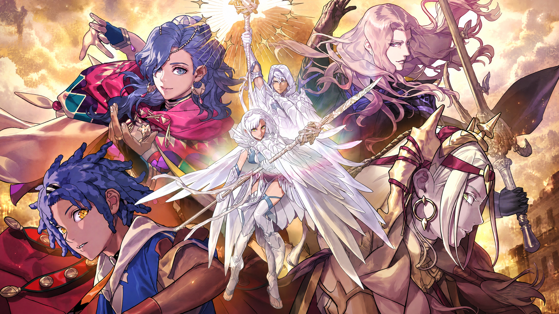 Fire Emblem: Fortune's Weave anime 4K PC desktop wallpaper — radiant winged figure at center, flanked by diverse armed heroes beneath a golden, cloud-filled sky.