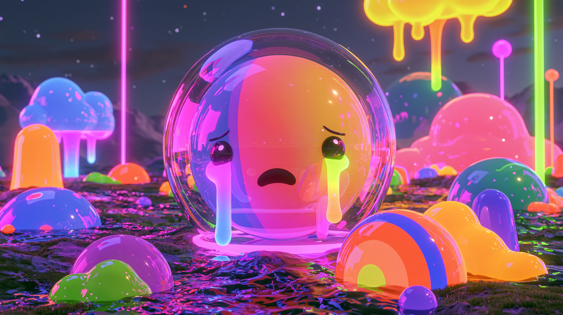 Neon sad emoji in a glass bubble with rainbow tears, surrounded by glowing candy mounds and dripping neon shapes — 2K Quad HD PC desktop wallpaper and background.