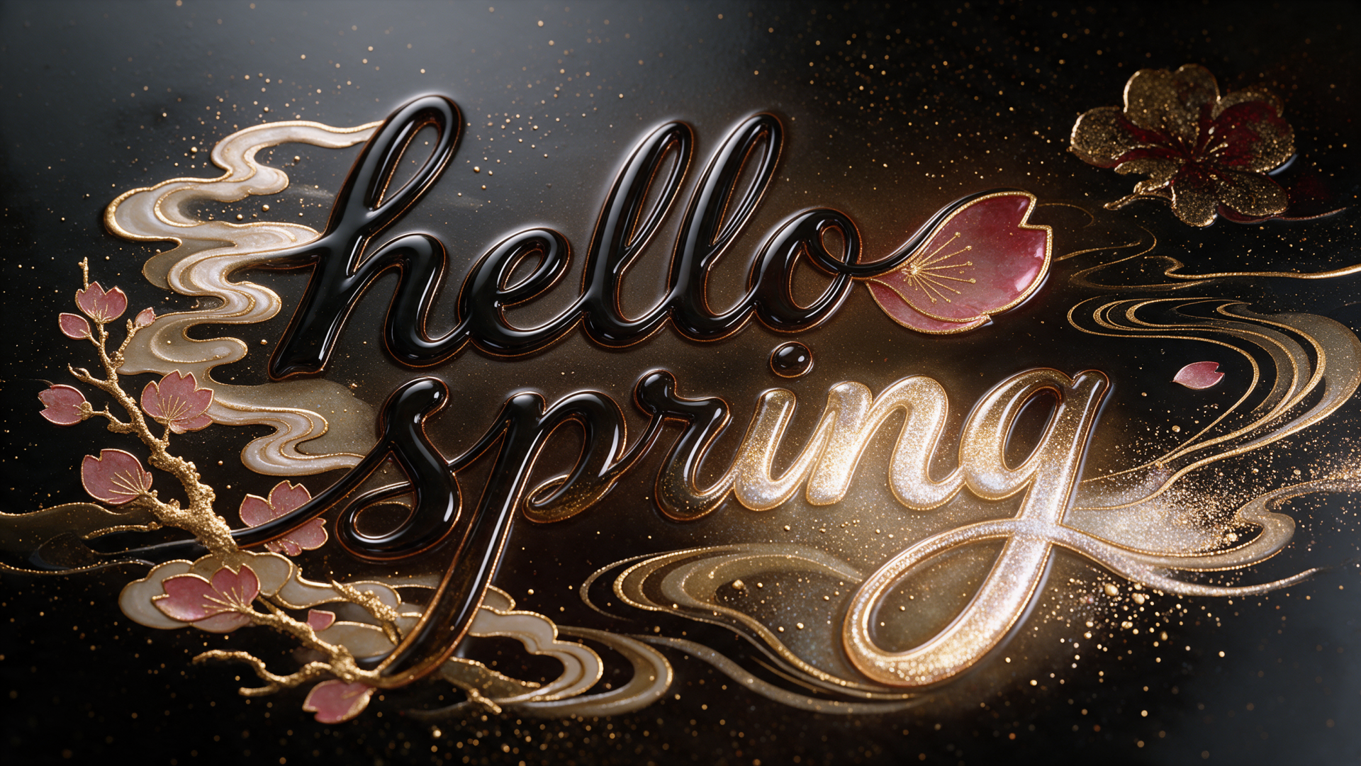 2K Quad HD PC desktop wallpaper featuring glossy hello spring lettering, pink blossoms, gold swirls and sparkling accents on a dark, shimmering background.